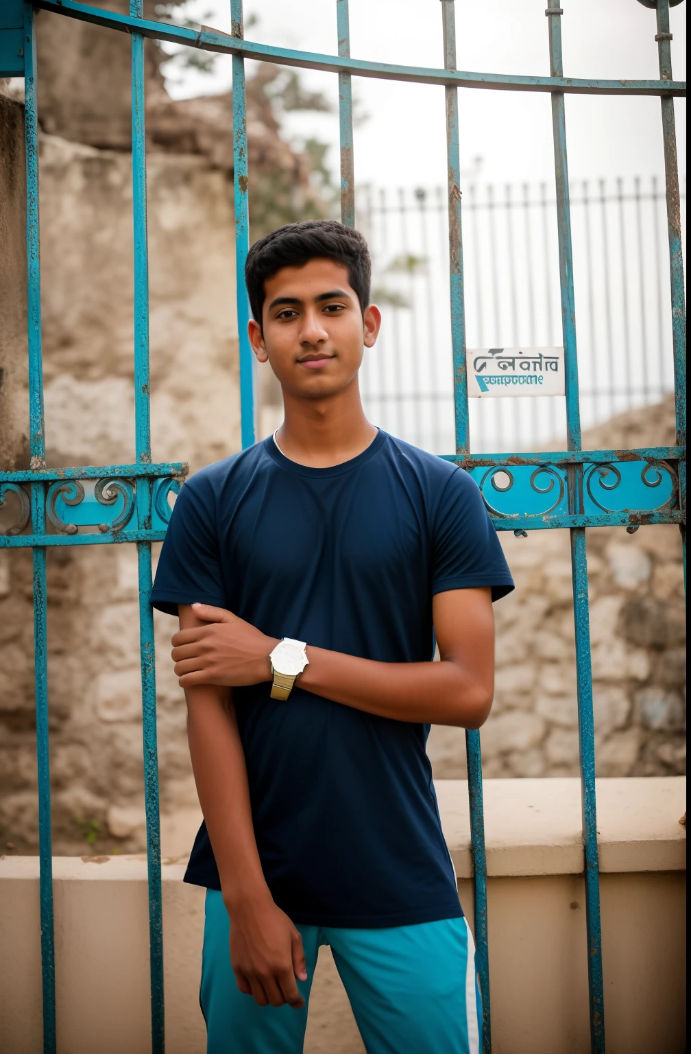 arafed man standing in front of a blue gate with his arms crossed, casual photography, photo taken with canon 5d, candid picture, teenage boy, taken with canon 8 0 d, taken with canon 5d mk4, inspired by Bikash Bhattacharjee, with accurate face, shot on nikon z9, shot on sony a 7