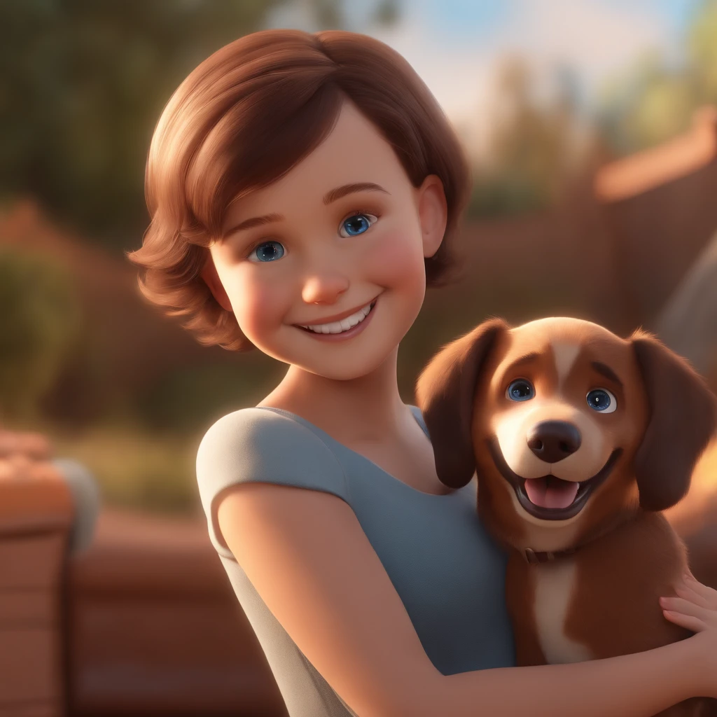 playtoon style, short haired girl, baby, blue eyed, brown hair, almost no hair except on top of her head, smiling at happy brown dog with floppy ears. soft lighting, ambient lighting, pixar disney render, trending on artstation.