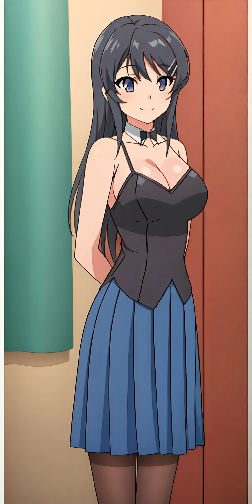1人,von vorne,mid large breasts,arms behind back,stehend im wohnzimmer,Perfect Body,sweet smile