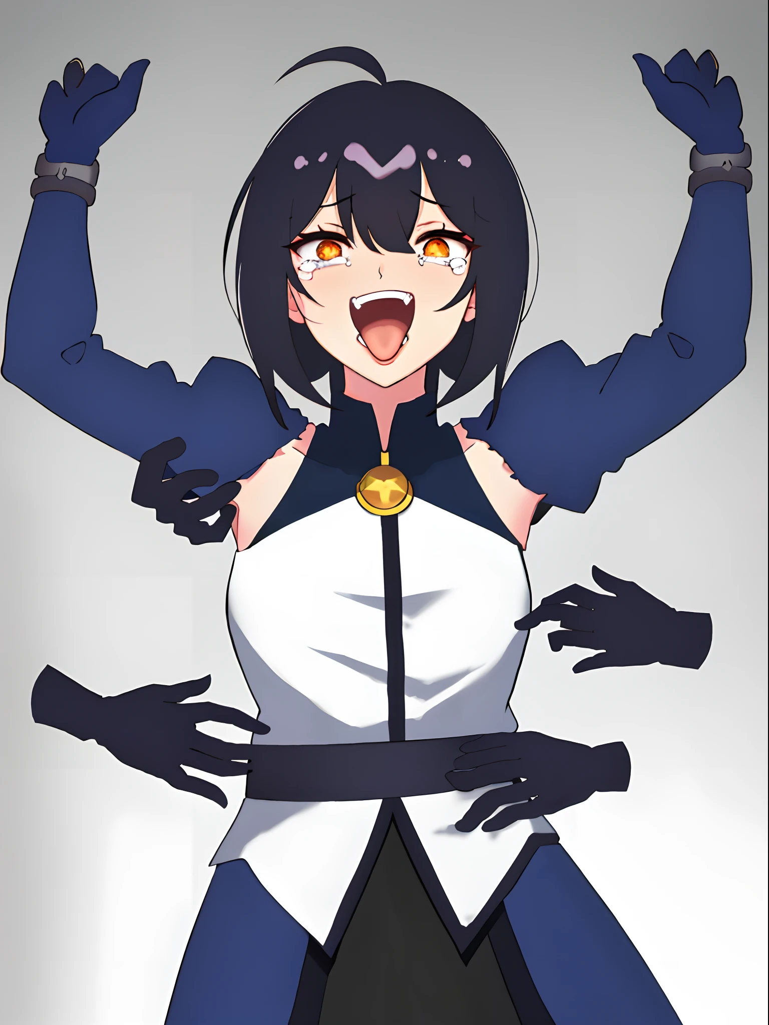 tmasterpiece, Best quality at best, 1girll, 独奏, teardrop, Be red in the face, dreads, scream, teeth, evilsmile, ssmile, and the tongue sticks out, laughingly, with her mouth open, roll eyes, head looking up, full bodyesbian, Armpits, Arms up, (Torso grab, Tickle, mitts, Intangible limbs:1.2), TKL