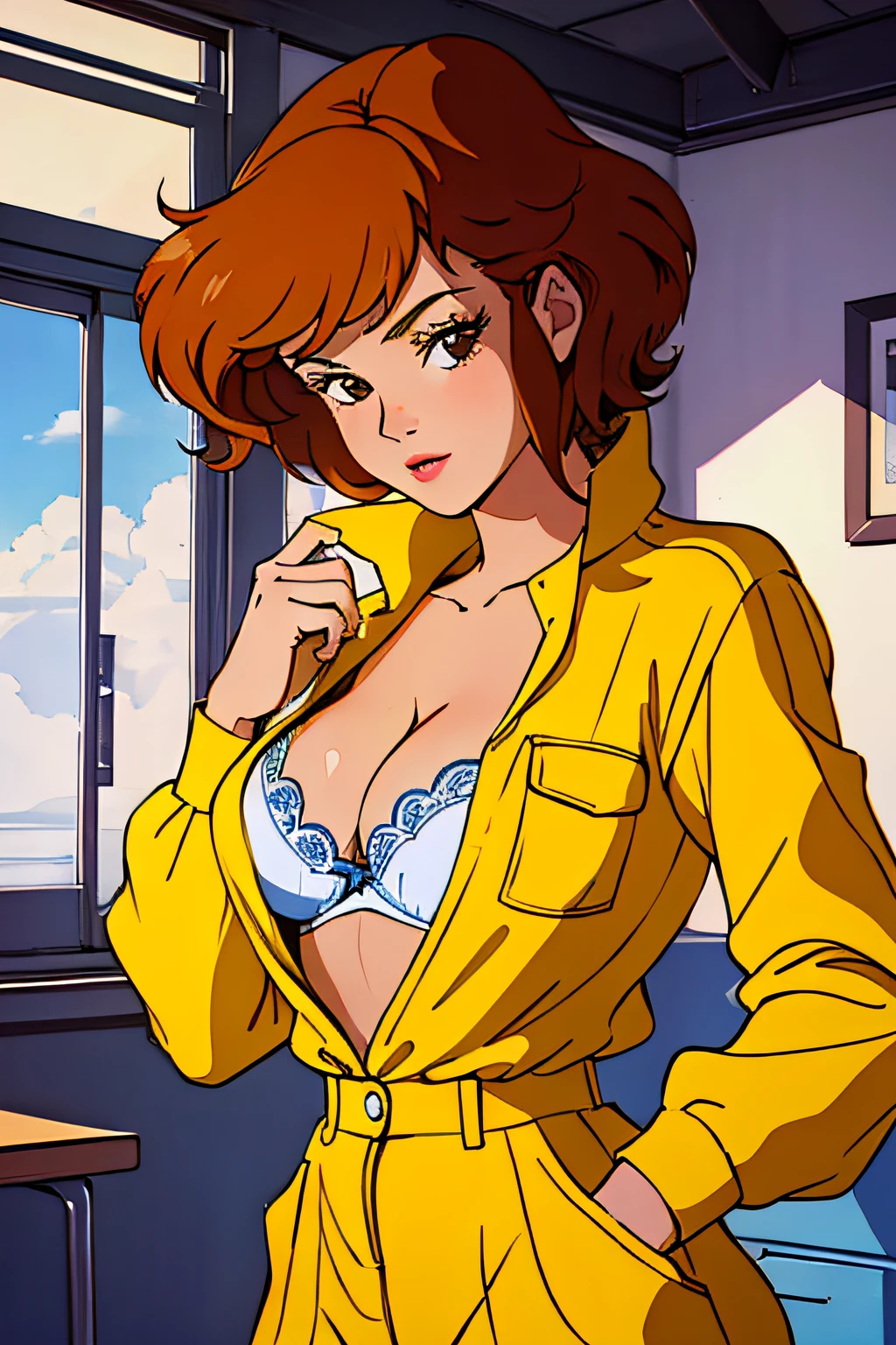 cowboy shot, april o'neil, 1980s \(style\), 1girl, brown hair, orange hair, retro artstyle, short hair, solo, yellow jumper suit, unbutton_shirt, (white bra slip:1.2), medium_breasts, cleavage