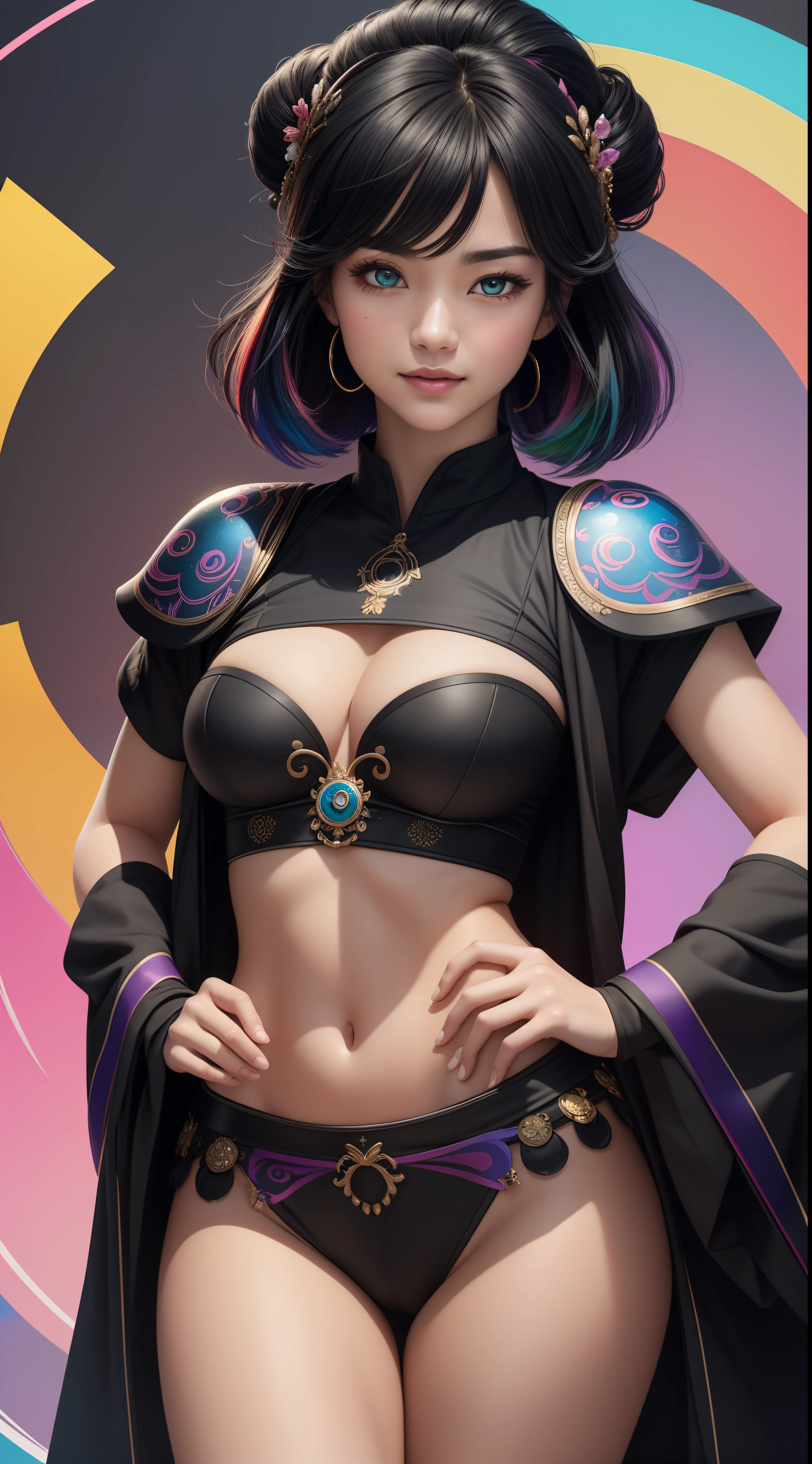 "20 years old cheerful Fubuki is a real masterpiece with feminine beauty, perfect anatomy. Olpntng style, colorful rainbow, black samurai outfit, clean design, epic Instagram, artstation, full full of color paint streaks, circles, contours When you look at her Beautiful eyes you will clearly see every little detail and perfect lines, every detail on the skin is beautiful in 8K quality. Mesmerized by the confidence that radiates from every glance. His head has black hair and his face has been meticulously painted in every detail with 8K image quality."