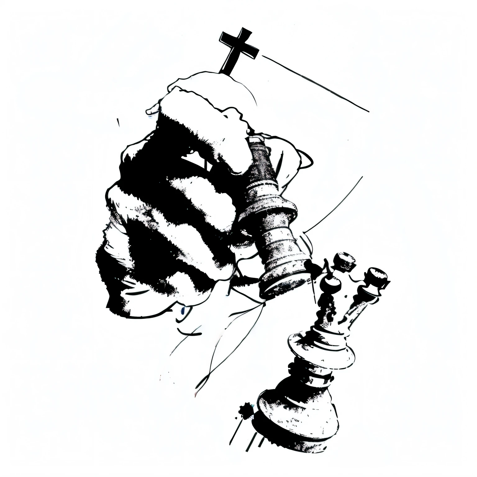 Drawing of a man holding a chess piece with a cross on it, xadrez surreal, [ Fragmentos, xadrez, high contrast illustration, pen - and - ink illustration, pen-and-ink illustration, Chess piece, Estilo Tsutomu Nihei, shaded ink illustration, Directed by: Ludwik Konarzewski, jogando xadrez, ink illustration, masterpiece ink illustration