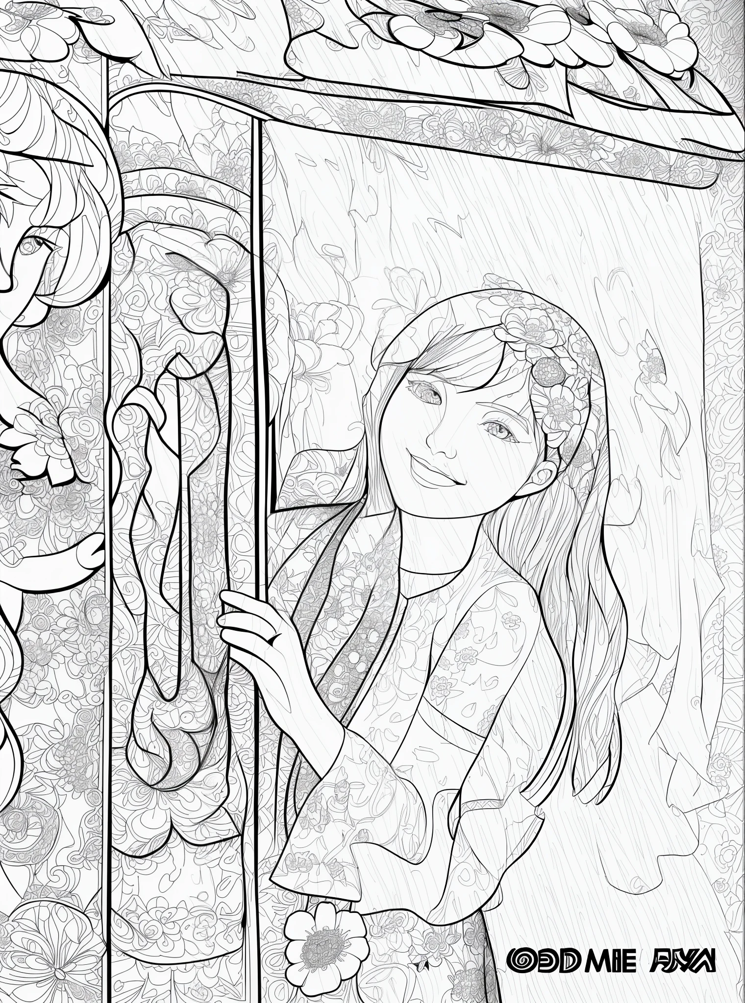 coloring pages of a woman with a umbrella and flowers, line - art, drawn with photoshop, random detail, coloring pages, drawn in microsoft paint, coloring book page, edge detection, leaning on door, about to enter doorframe, clean coloring book page, fine line art, perfect art, colouring pages, coloring book style, bold line art, line art, much detail