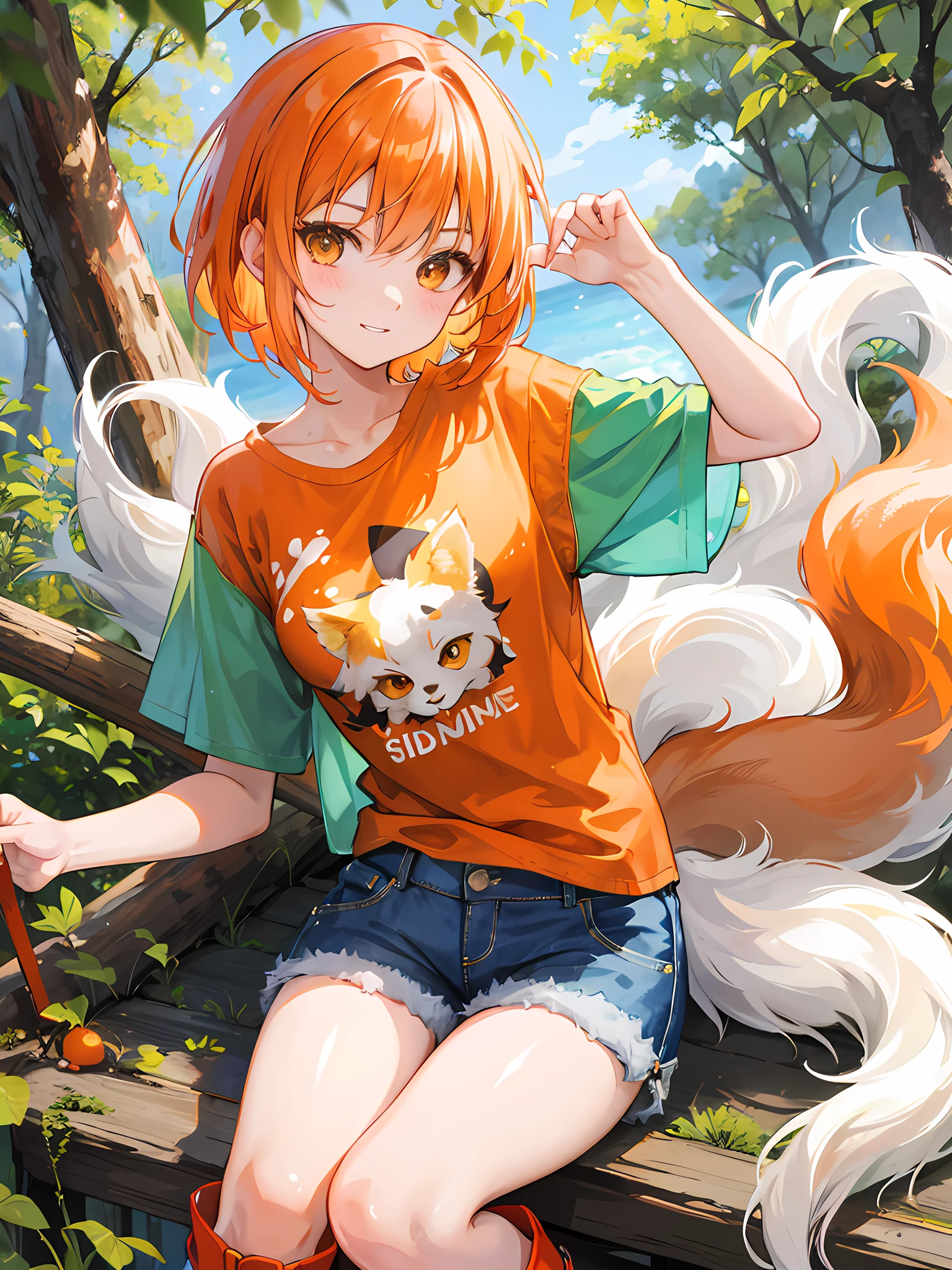 Cover, kitsune, short orange hair, green shirt, blue denim shorts, brown boots, forest