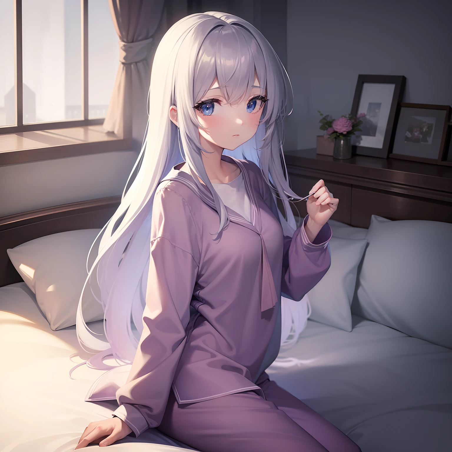 masterpiece, best quality, expressive eyes, illustration, 1girl, jewel blue eyes, long silver hair, a pink pyjama, on a bed