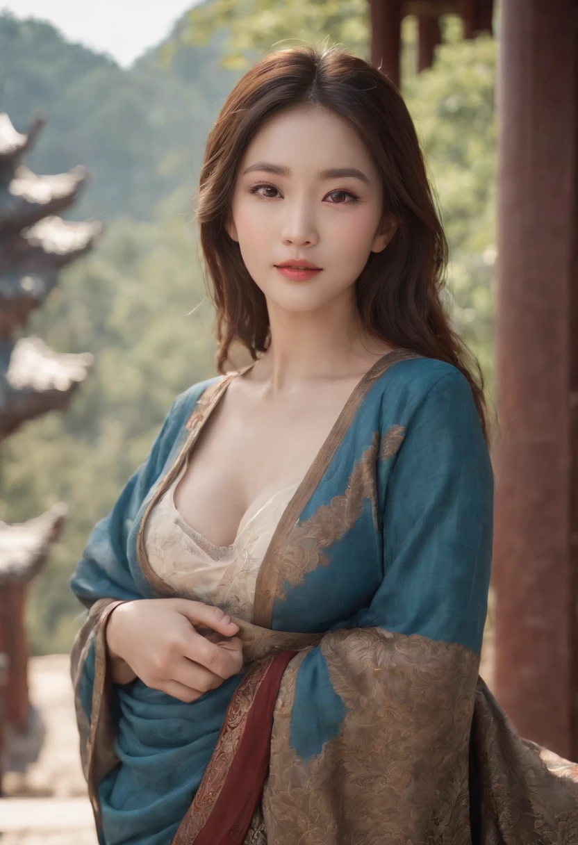 {{Masterpiece, Best quality, Extremely detailed CG, Unity 8k wallpaper, Cinematic lighting}}, Traditional Chinese Ink Painting, 1girll, 1baby, Young woman holding , full bodyesbian, Ancient architecture, Blue sky, Sunny day, wooden building, Outstanding protagonist, Smile, Big eyes, Beautiful detailed eyes, (Big breasts, cleavage), round ass, Looking at the audience, Long eyelashes,