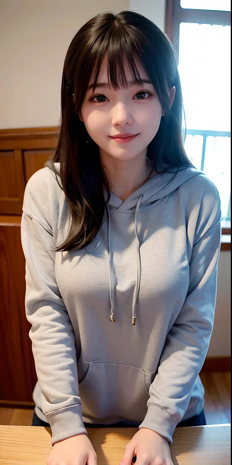 selfee、1 beautiful girl、inside in room、Wearing a gray hoodie、The upper part of the body、a closeup、Bright smile、(8k、RAW Photography、top-quality、masterpiece:1.2)、(realisitic、photoRealstic:1.37)