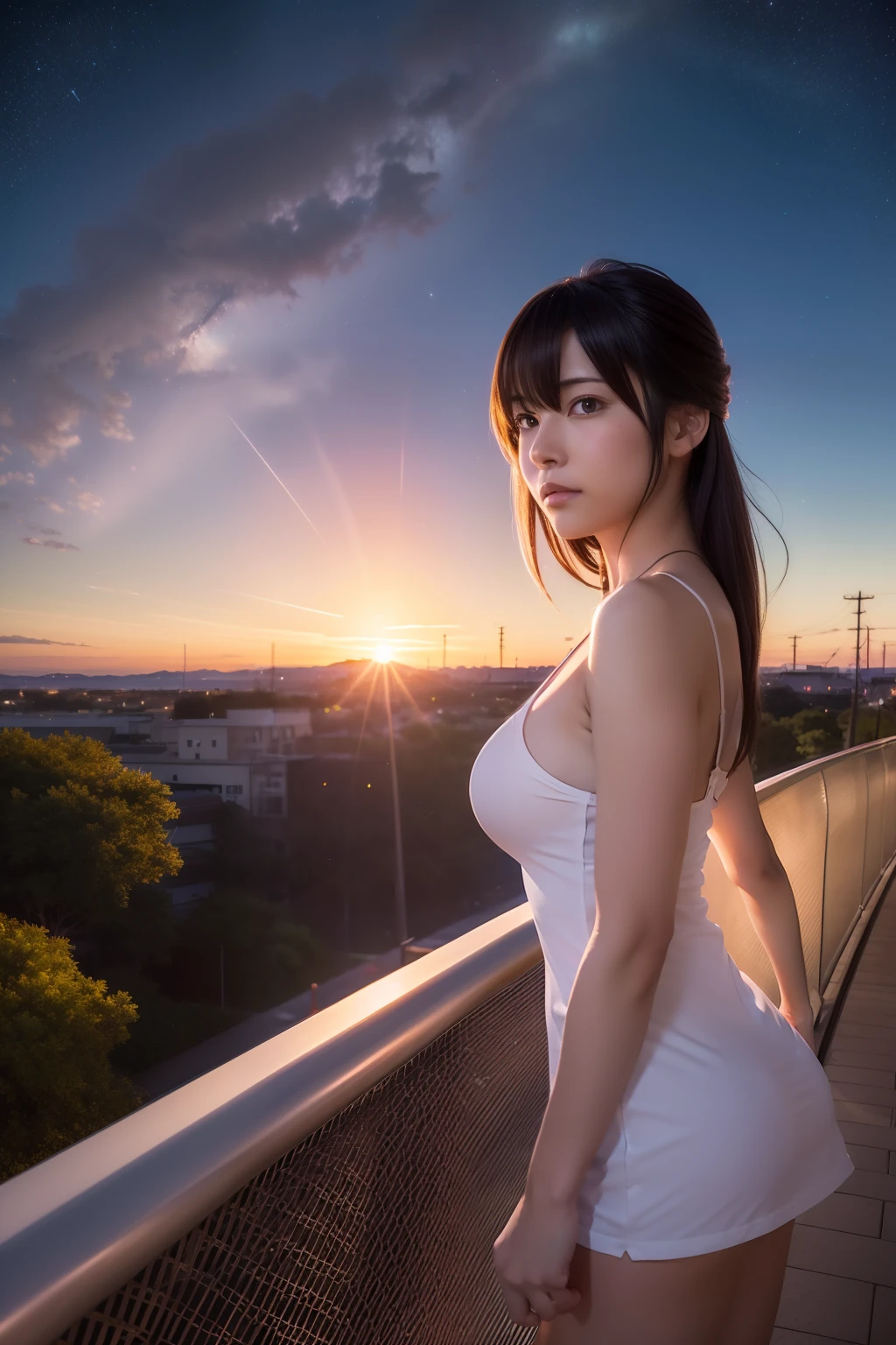 comic strip,anime big breast,Makoto Shinkai anime,Makoto Shinkai concept art animation,(Romantic pink train:1.4),railway,Brilliant starry sky,the setting sun,Sunset,lindo cenario,super-fine,tmasterpiece,8K,best qualtiy