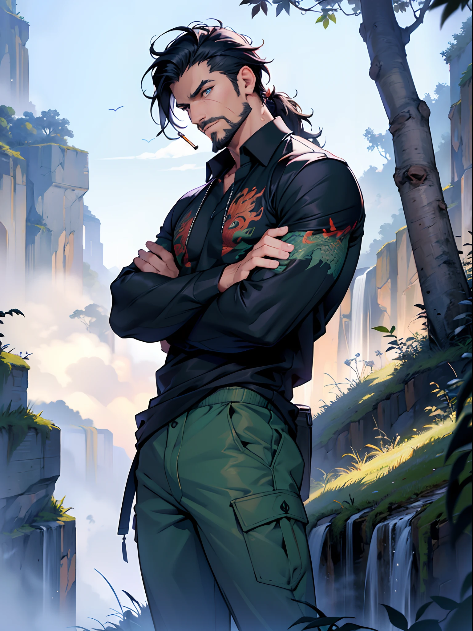 (masterpiece, sidelighting, finely detailed beautiful eyes: 1.2), ((best quality)), ((masterpiece)), (highly detailed:1.3), dragon tatto on left hand, mature man, thin bodytype, standing on cliff, front view, long black hair, slight visible facial hair, smoking a cigarette, surrounded by fog, scar on eye, casual clothes, shirt with printed leaves, camouflage pants, crossed hands,