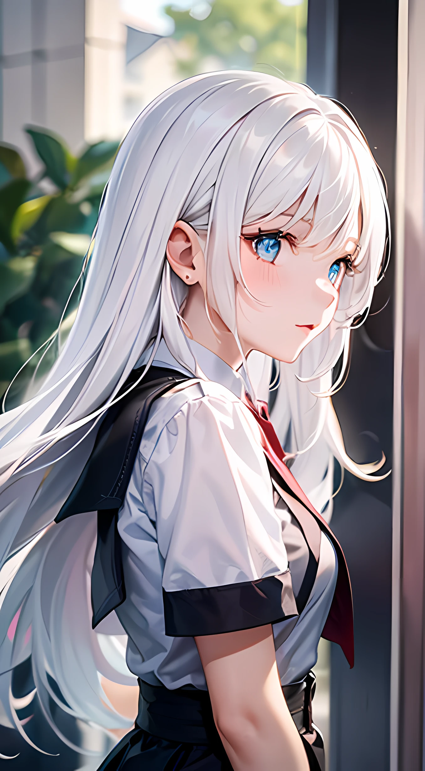 1girl, white hair, long hair, school