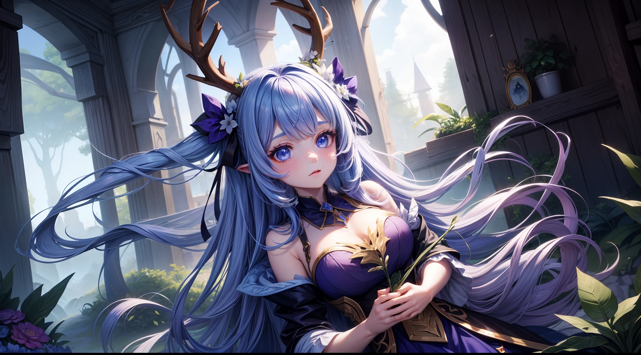 deer girl, lillia league of legends, deer ears, long plant stick, purple and blue hair, big blue eyes, deer body girl, deer body and human head girl