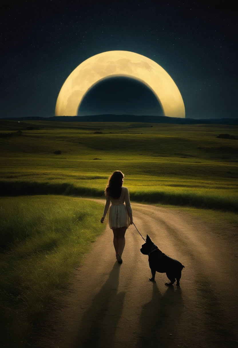 "Imagine a night scene in an open field. A brave photographer next to a beautiful woman with long black hair walking together towards a mysterious flying saucer landed. He holds his camera firmly as his loyal French Bulldog accompanies him on the journey. The light of the moon illuminates the path and creates a magical atmosphere."