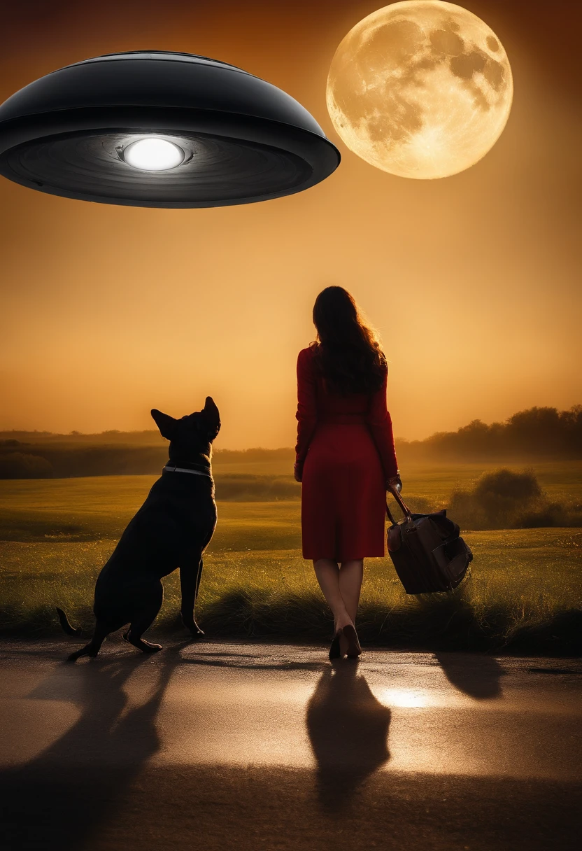 "Imagine a night scene in an open field. A brave photographer next to a beautiful woman with long black hair walking together towards a mysterious flying saucer landed. He holds his camera firmly as his loyal French Bulldog accompanies him on the journey. The light of the moon illuminates the path and creates a magical atmosphere."