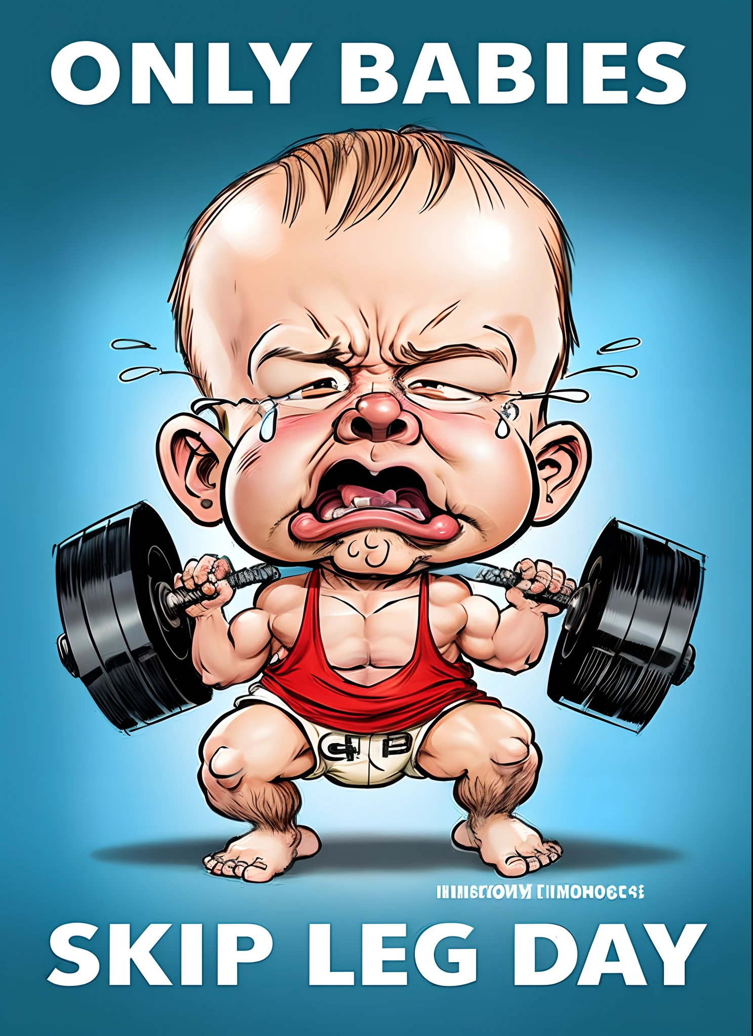 A cartoon with a weight bar in his mouth and a sign that says, Only babies skip leg day, funny illustration, ultra humorous illustration, humorous illustration, levantamento de pesos, cartoon illustration, arte digital dos desenhos animados, huge muscles child bodybuilder, wrinkles and muscles, pintura digital dos desenhos animados, desenho animado de arte digital, motor de choro, Very humorous illustration, Strongman, funny strange illustration