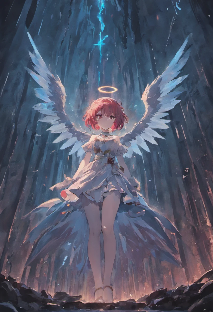 Black, white, blue, red,(Best quality, Ultra-detailed, high resolution, Extremely detailed CG),Wide shot,The Angel of Death stands on the edge of the cliff,She is very beautiful,She loves blood and the sea,Bloody rain, mistic,Rabid, Intricate, Surreal,Delicate