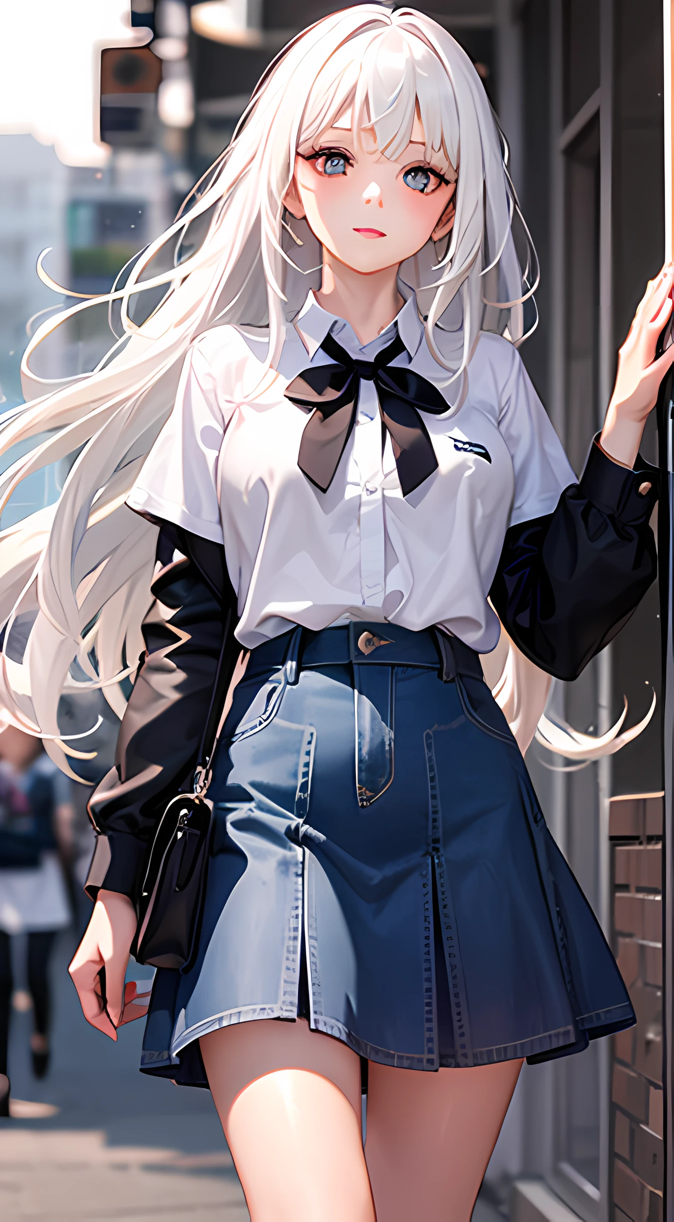 1girl, (masterpiece:1.1), (best quality:1.1), (white blouse:1.1), (checkered skirt:1.1), school uniform, high-waist skirt, BREAK [blue:pink:0.5] theme, (gradient background:1.1), cowboy shot, BREAK silver hair, long hair, , green eyes, intricate detailed tiara, looking to the side,
