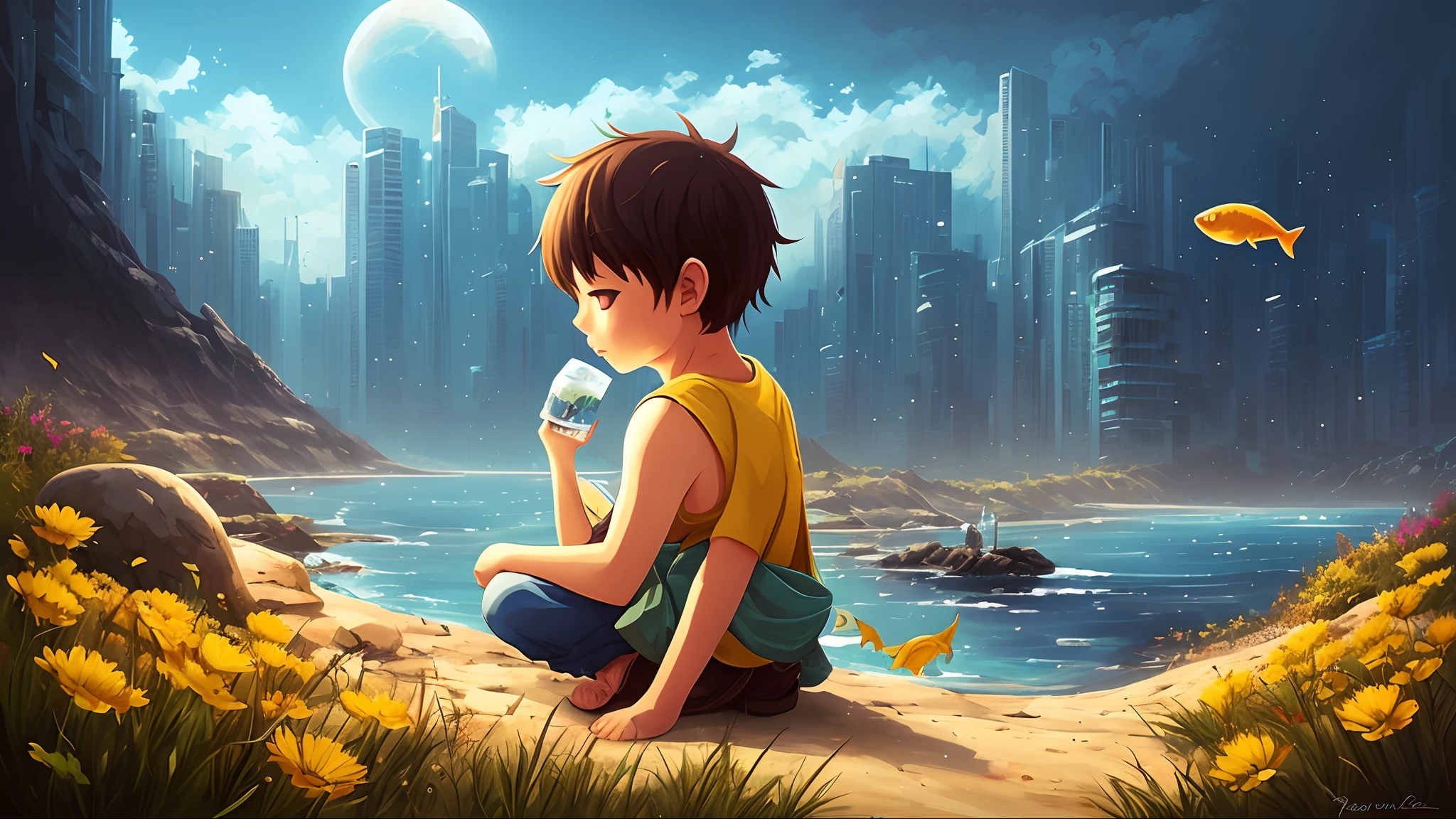 There is a boy with a bunch of yellow fish in his hair, makoto shinkai cyril rolando, artwork in the style of guweiz, inspired by Yuumei, beautiful digital works of art