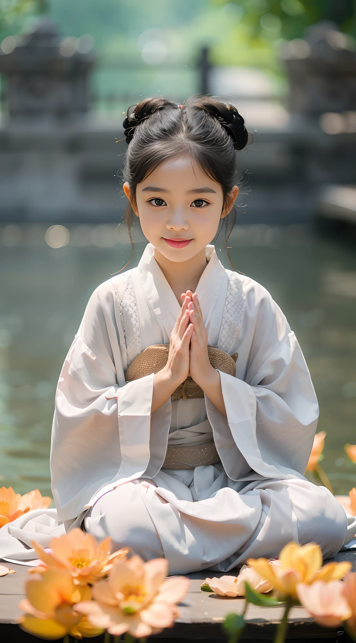 a 3-year-old a,Wearing a white monk's robe,Chubby little face,Big round eyes,A High Bridge of nose,With a smile,had his hands folded,Sit cross-legged。Lotus pattern on background。k hd