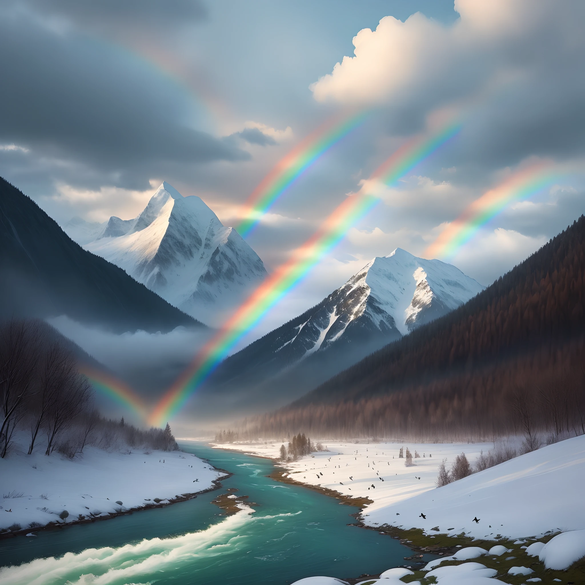 I want a painting consisting of mountains, clouds, nature, a river with birds, winter rain, and a rainbow