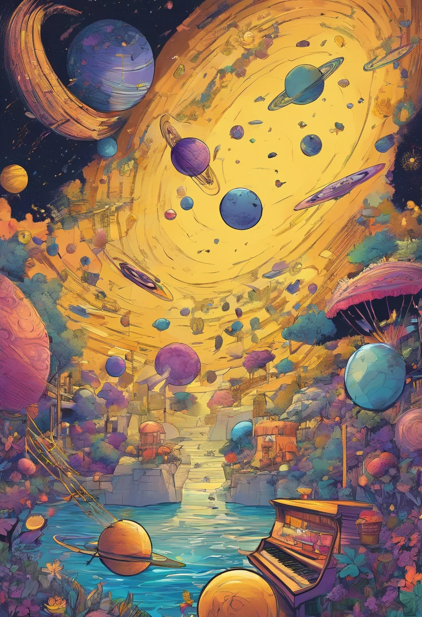 Music and relaxation, 插圖, with the musical notes flying in space, use apenas os tons de roxo e amarelo