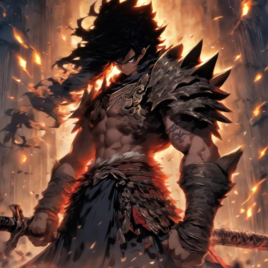 (A detailed illustration),(Anatomically amazing body),(Combat stance),(Beautiful girl with black hair),Long bangs,Black eyes,small tits,小柄,((No exposed skin)),Wearing a hood,Wear under armor,(Please wear a coat),(Wearing pants),Wearing chest armor,Wearing armor with a long skirt,Please wear foot armor and pants,(((Holding a spear with a large tip in his right hand))),(Right hand next to right hip),The left hand is in front of the body,Combat stance,Eyes that resist grief,Sublime soul,Strong will,Ruins of a collapsed castle