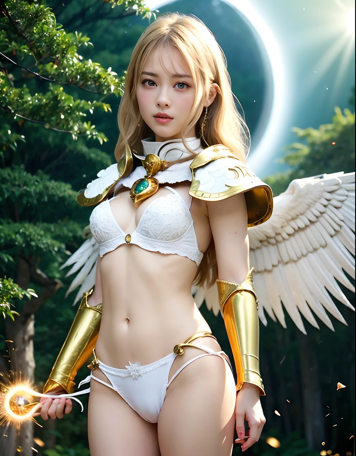 Professional , ​masterpiece、top-quality、photos realistic , depth of fields 、（White bikini armor)、（Particles of light）、Jewel Gold Weapon、Particles of light),Gorgeous gold weapons ,（（ Gorgeous Dragon Sword）） , （White angel wings grow）,（maikurobikini） 、（（White hair））、（Castle background）、（（Gangle's forest background））、Beautiful Caucasian beauty、１a person、dynamic ungle,(((A small ring of light floating overhead)))、Smaller head、Idle Smile、Thin and beautiful female hands、Mystical expression、Light Effects、intense fighting、Wind-effect、magic circles、（White angel wings grow）、