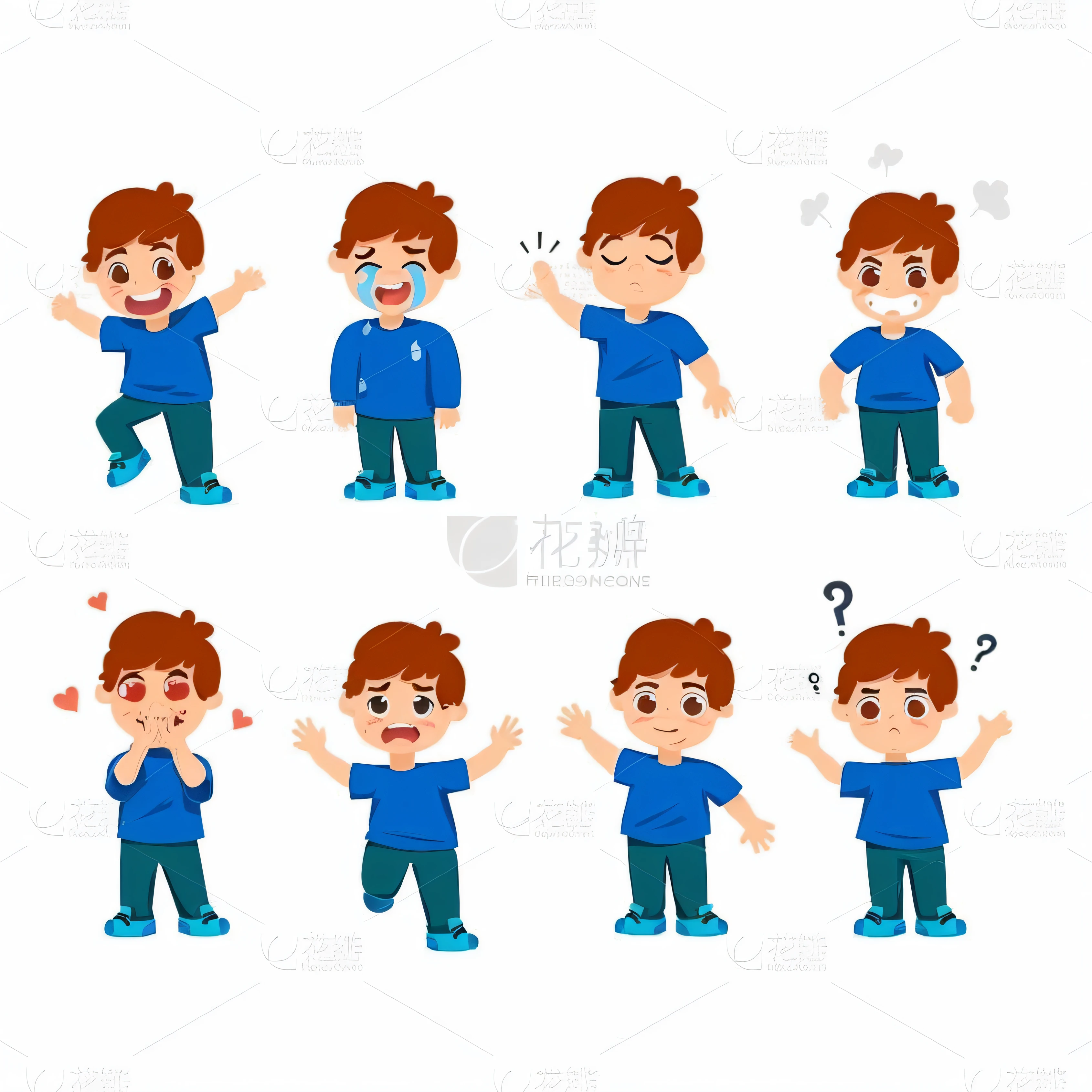 A group of cartoon boys in different poses, diferentes poses, Cute cartoon character, a variety of poses, different expression, Simple cartoon style, a variety of poses, various emotions, cartoonish vector style, default pose neutral expression, Cartoon style illustration, Cute cartoon, Multiple poses, an animated character, expressive poses, Teen boy, Cartoon illustration, Cute boy, Cute cartoon style, Single character full body