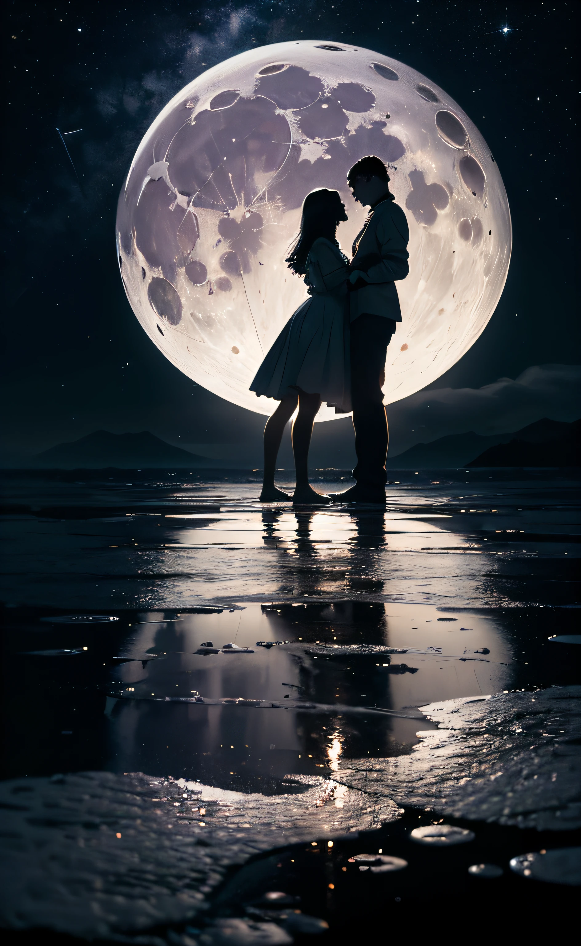 obra-prima, melhor qualidade, ultra-detalhado, illustration, Couple in love holding hands under the moonlight, Full moon in dark sky, solo, Ao ar livre, acampamento, noite, montanhas, natureza, Estrelas, lua, fogueira, floresta, Pedras, rio, madeira, smoke billowing, Sombras, contraste, sky clear, constellations, milky ways, peaceful, sereno, quieto, tranquilo, remoto, isolado, perseverance, resistance, resistance, observation, intuition, adaptabilidade, Criatividade, imagination, arte, inspiration, beleza, admiration, maravilha, gratitude, appreciation, relaxamento, Prazer, rejuvenescimento, mindfulness , consciousness, connectedness, harmonia, equilibrar, textura, detalhe, realismo, profundidade, perspectiva, compositing, cor, luz, sombra, reflection, refraction, tom, contraste, primeiro plano, meio termo, fundo, naturalista, figurativo, representacional, impressionista, expressionista, abstrato, inovador, experimental, only one, grande lua cheia