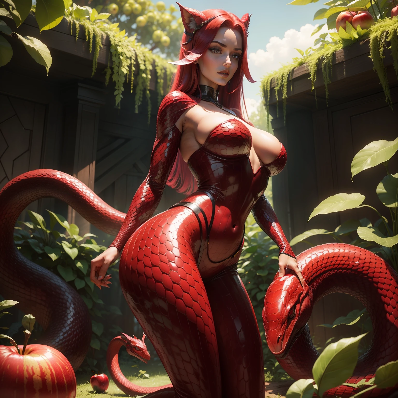 cobra vermelha, cobra gigante bem detalhada, disco Rigido, Ultra HD | |, 8k, realista, Cobra enorme, Garden with apples, cobras nas arvores, corpo de mulher, Recreate Eve and the Snake in the Garden of Eden, Bright apple