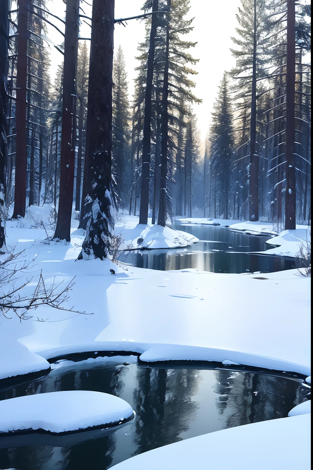 4K, (no human)+++, winter, forest, water --auto