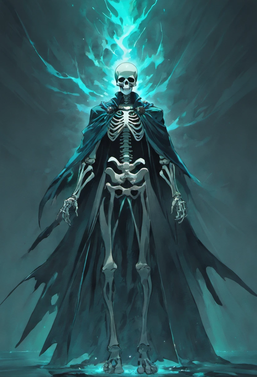 A skeleton of a male，Wearing a tattered black cloak，The head and hands emit a sea blue flame