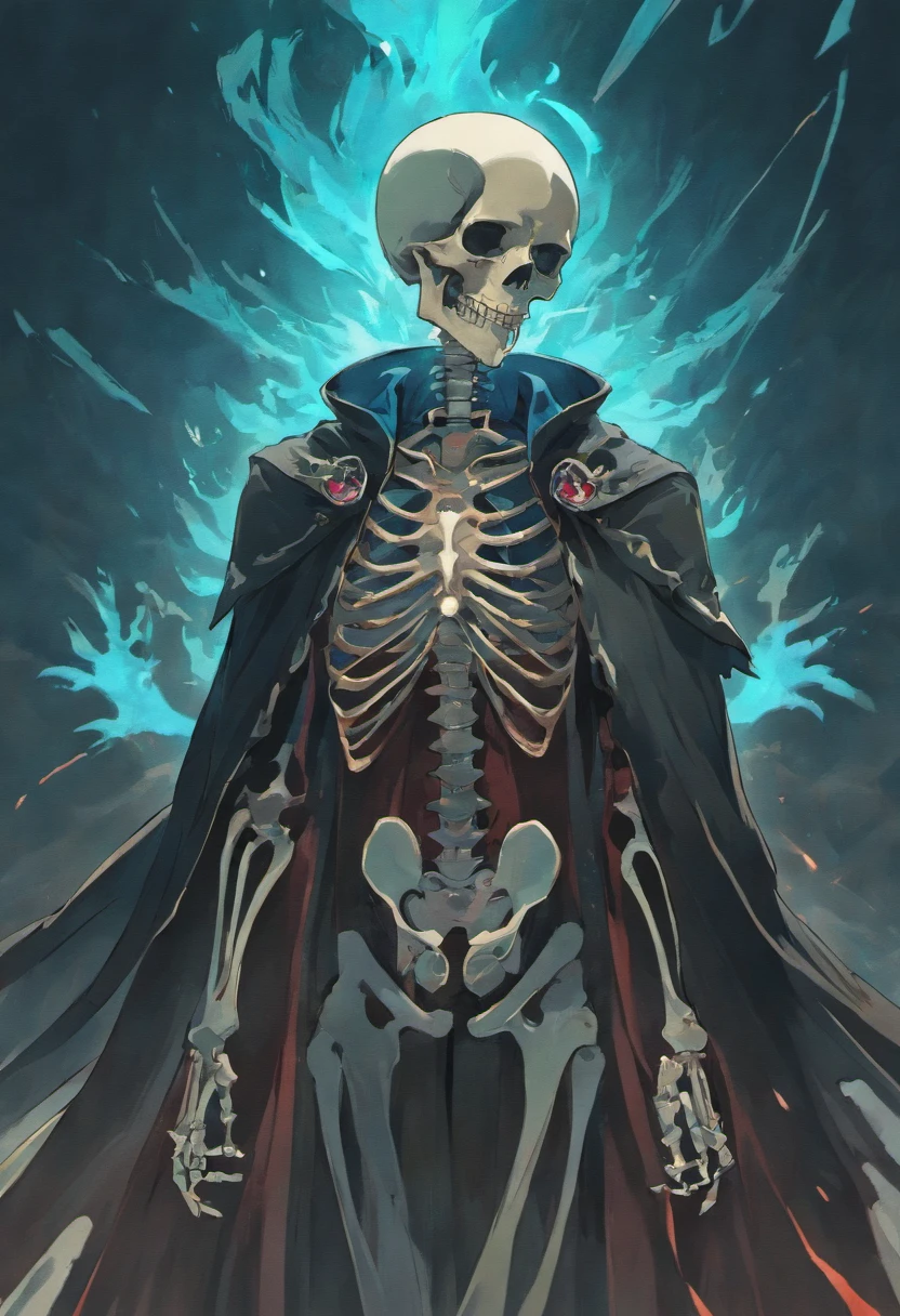 A skeleton of a male，Wearing a tattered black cloak，The head and hands emit a sea blue flame