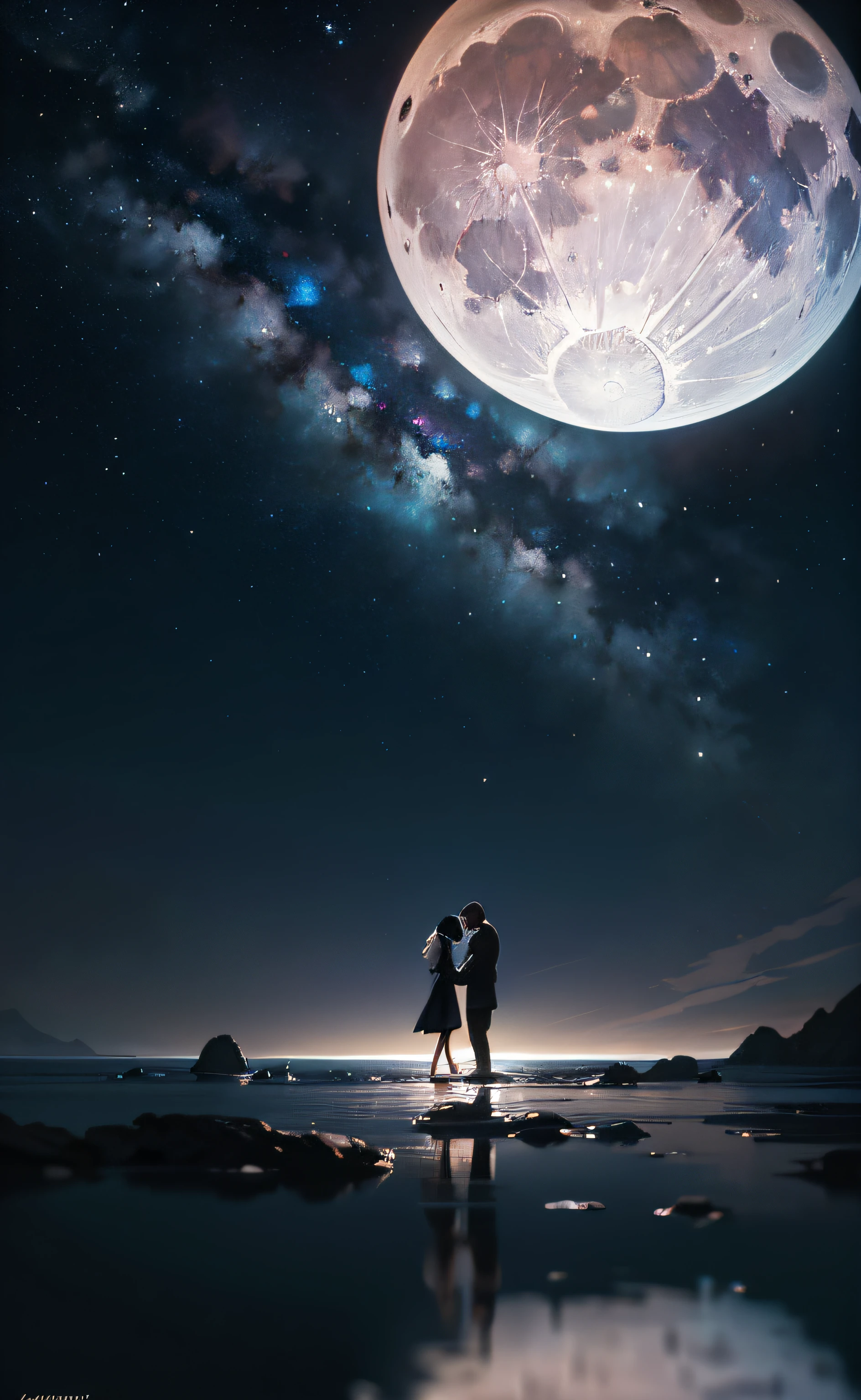 obra-prima, melhor qualidade, ultra-detalhado, illustration, Couple in love holding hands under the moonlight, Full moon in dark sky, solo, Ao ar livre, acampamento, noite, montanhas, natureza, Estrelas, lua, fogueira, floresta, Pedras, rio, madeira, smoke billowing, Sombras, contraste, sky clear, constellations, milky ways, peaceful, sereno, quieto, tranquilo, remoto, isolado, perseverance, resistance, resistance, observation, intuition, adaptabilidade, Criatividade, imagination, arte, inspiration, beleza, admiration, maravilha, gratitude, appreciation, relaxamento, Prazer, rejuvenescimento, mindfulness , consciousness, connectedness, harmonia, equilibrar, textura, detalhe, realismo, profundidade, perspectiva, compositing, cor, luz, sombra, reflection, refraction, tom, contraste, primeiro plano, meio termo, fundo, naturalista, figurativo, representacional, impressionista, expressionista, abstrato, inovador, experimental, only one, grande lua cheia