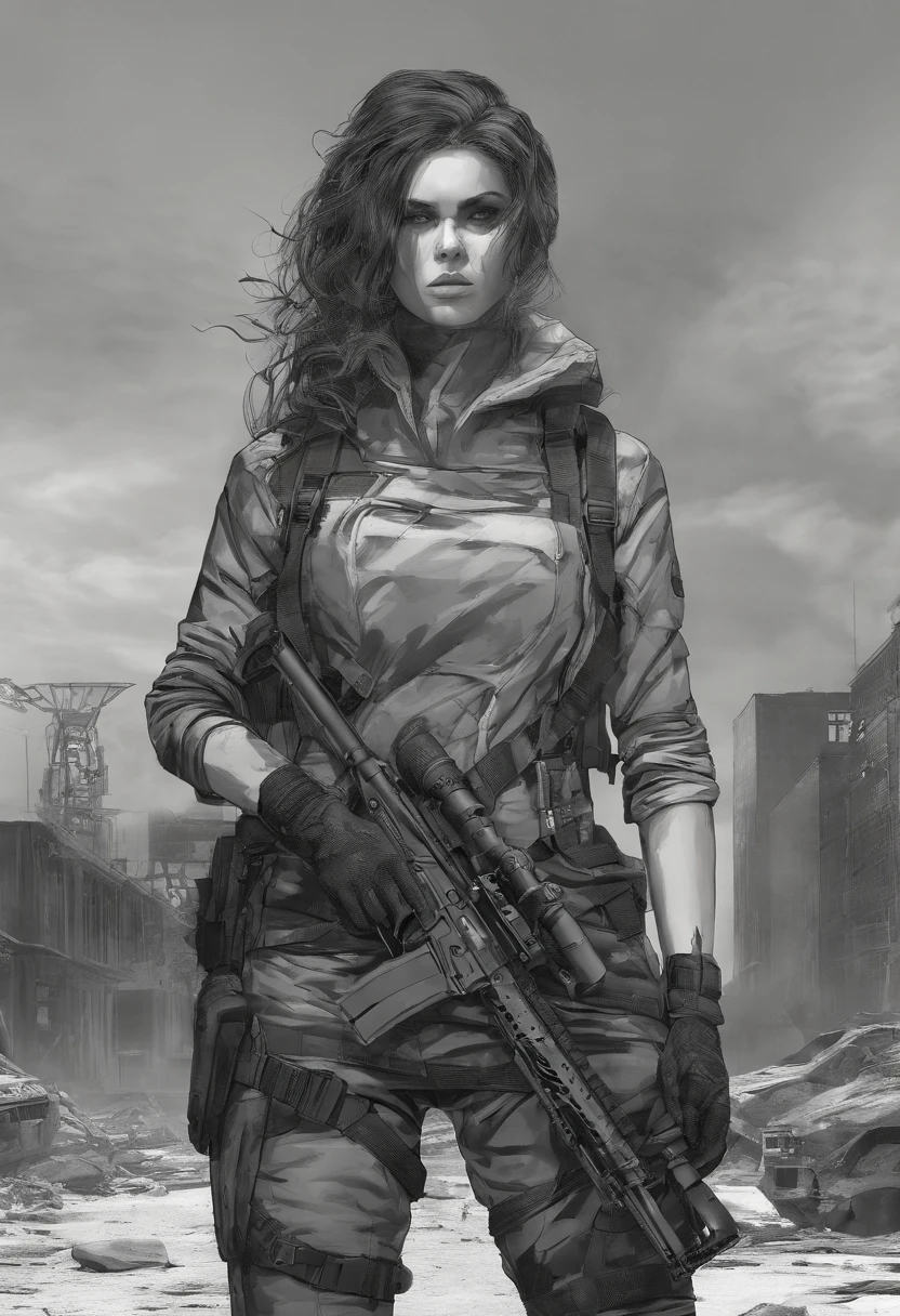 Girl with a gun sniper pose dynamic low view camera
