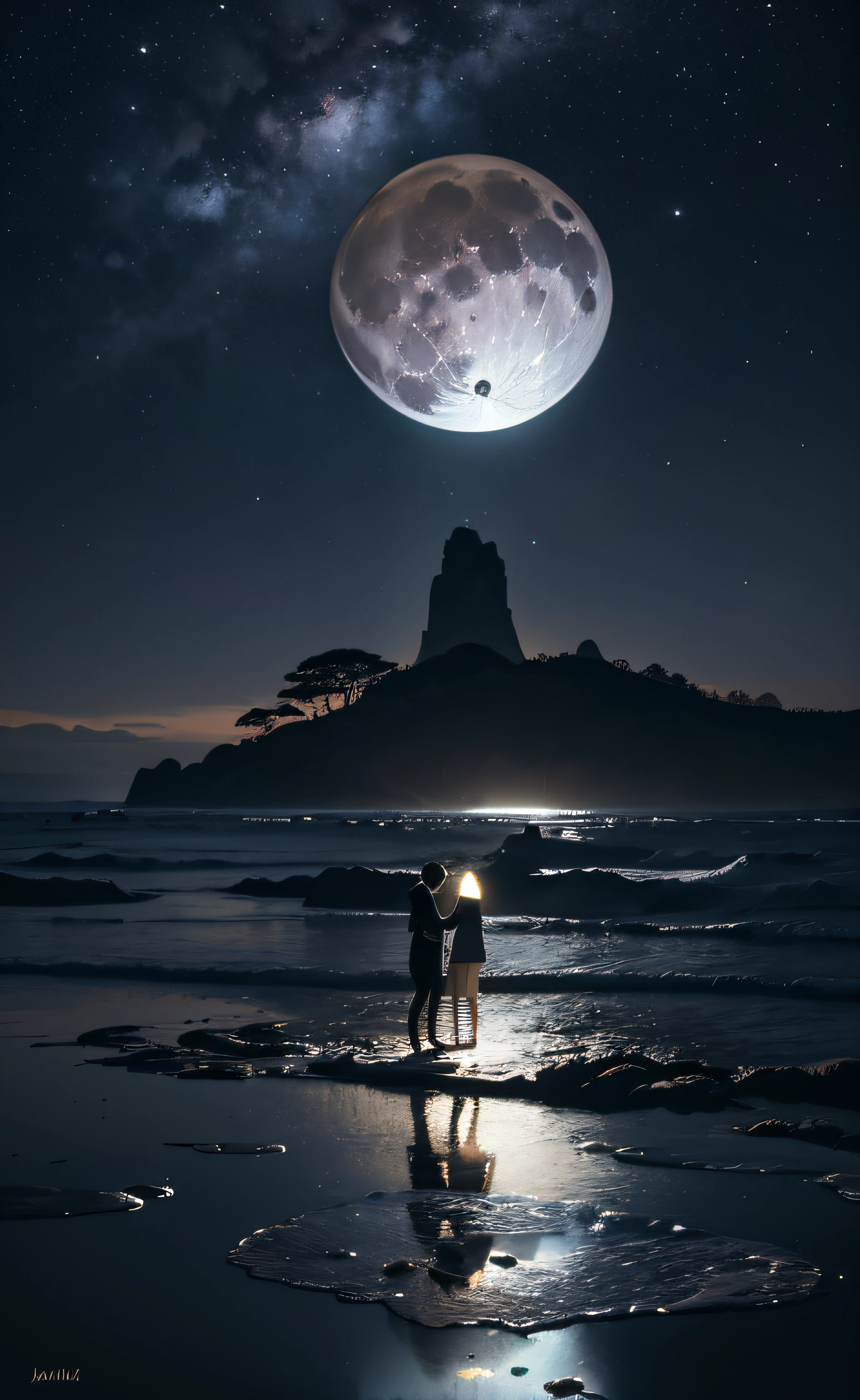 obra-prima, melhor qualidade, ultra-detalhado, illustration, Couple in love holding hands under the moonlight, Full moon in dark sky, solo, Ao ar livre, acampamento, noite, montanhas, natureza, Estrelas, lua, fogueira, floresta, Pedras, rio, madeira, smoke billowing, Sombras, contraste, sky clear, constellations, milky ways, peaceful, sereno, quieto, tranquilo, remoto, isolado, perseverance, resistance, resistance, observation, intuition, adaptabilidade, Criatividade, imagination, arte, inspiration, beleza, admiration, maravilha, gratitude, appreciation, relaxamento, Prazer, rejuvenescimento, mindfulness , consciousness, connectedness, harmonia, equilibrar, textura, detalhe, realismo, profundidade, perspectiva, compositing, cor, luz, sombra, reflection, refraction, tom, contraste, primeiro plano, meio termo, fundo, naturalista, figurativo, representacional, impressionista, expressionista, abstrato, inovador, experimental, only one, grande lua cheia