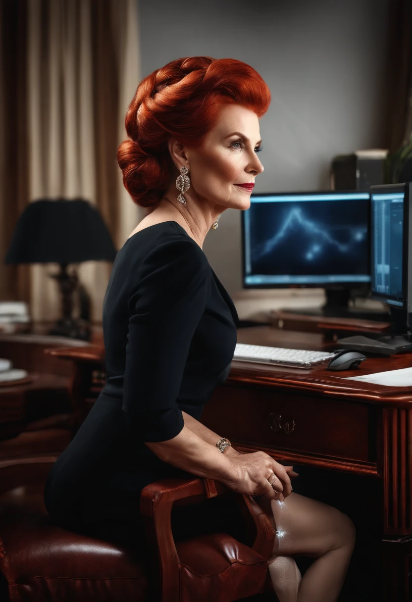 A close up of a woman sitting at a desk with a computer - SeaArt AI