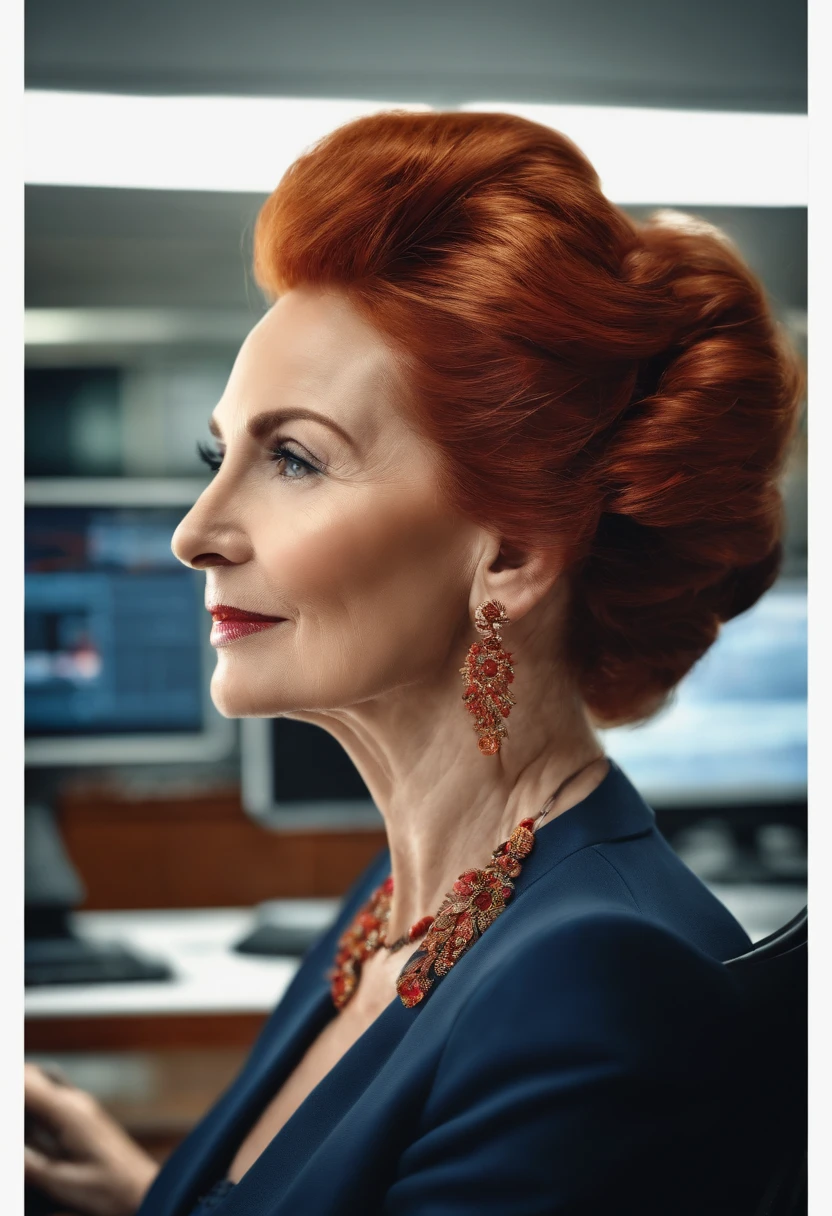 Eger and shiny, 8K, photo of the size of the beautiful European lady 50 years, braided updo, intricate detail, realistic texture, dynamic composition, high contrast, she is president of a technology company, she is in her office with the computer, red hair