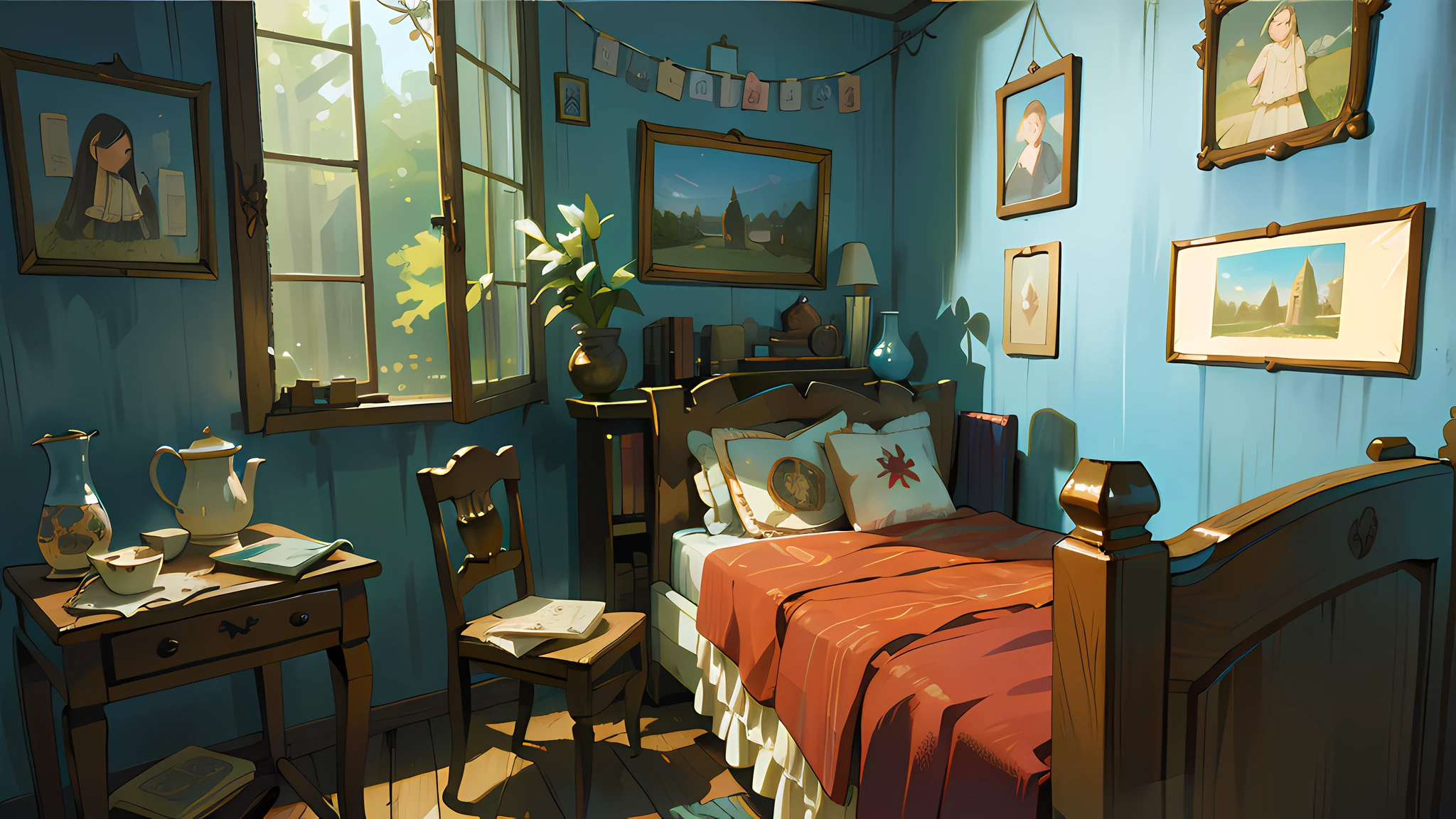 a cozy memories room,filled with nostalgic objects and soft colors, vintage touch,old wooden furniture,warm lighting,comfortable armchair,candlelit ambiance,old photographs,aging books,antique tea set,soft rugs,delicate lace curtains,time-worn music box,fading flower bouquet,flickering fireplace,crackling vinyl records,timeless melodies,moments frozen in time,fragments of cherished memories,dreamy atmosphere,peaceful solitude,blurred reflections,gentle whispers,whispered secrets,flowing emotions,vintage wallpaper,embroidered cushions,old family portraits,faded letters and postcards,hidden treasures in dusty drawers,a sanctuary of reminiscence,(best quality,4k,8k,highres,masterpiece:1.2),ultra-detailed,(realistic,photorealistic,photo-realistic:1.37),nostalgic,romantic,vintage style,vivid colors,soft lighting