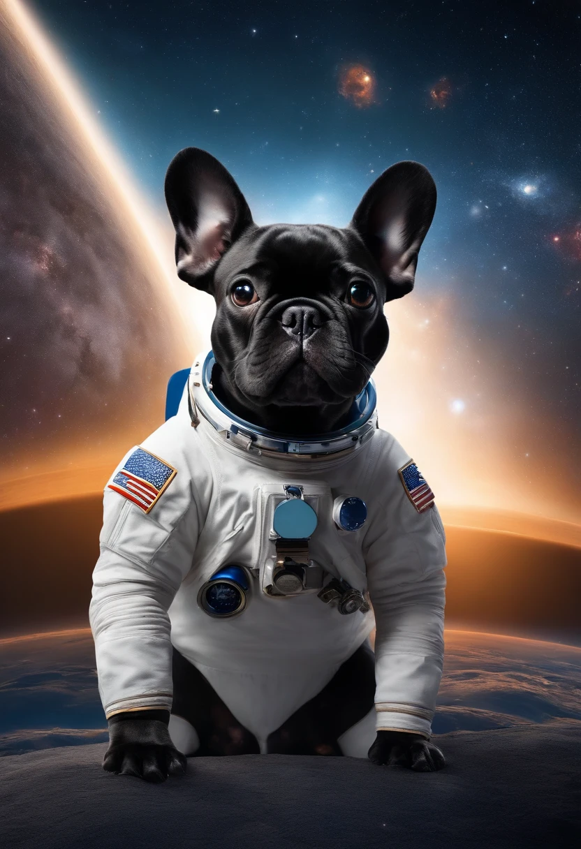 a cute black French bulldog with light brown colored eyes, segurando um cartaz escrito " eu sou o tierry", floating in space with stars around you. he's an astronaut, usando um traje espacial. pintura bonita dos desenhos animados,Mundo abstrato, fantasia,sonho abstrato, space, intrincado, Grande Escala, soio, cinematic movie still, detalhe insano, foco nítido, profundidade de campo, realistic lighting, (perspectiva realista), Complexo, (multiple subjects), 4K HDR,