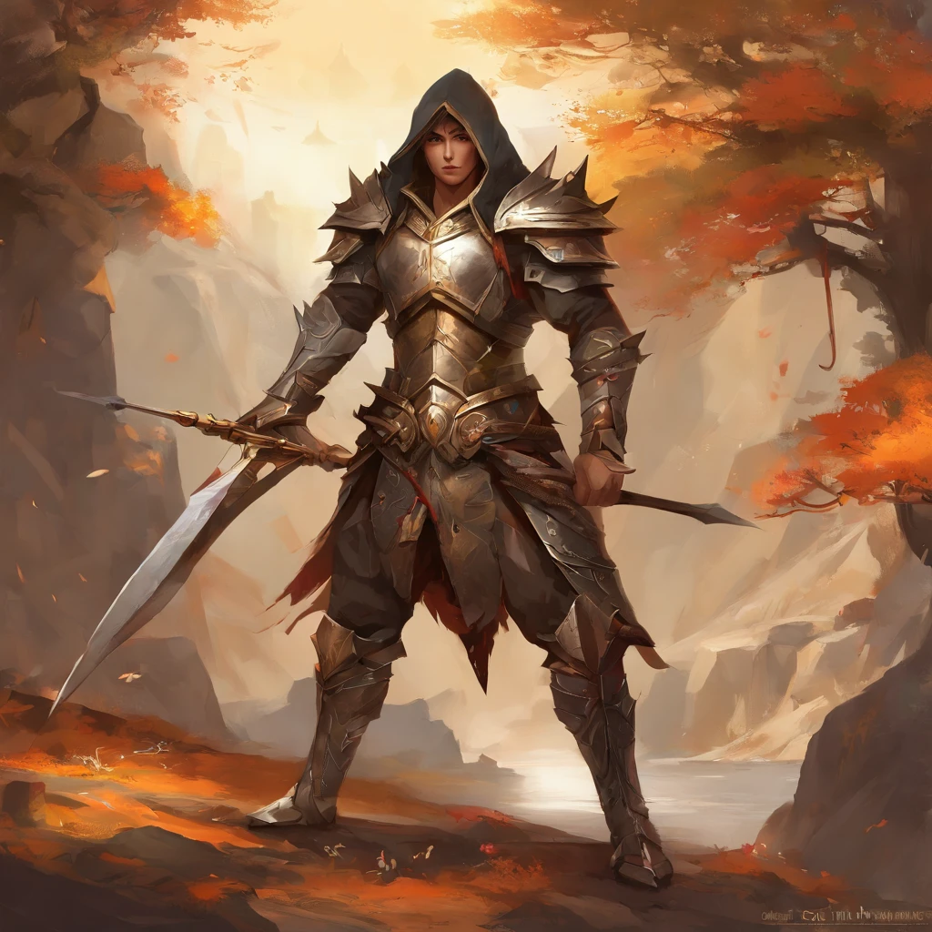 (A detailed illustration),(Anatomically amazing body),(Combat stance),(Beautiful girl with black hair),Long bangs,Black eyes,small tits,小柄,((No exposed skin)),Wearing a hood,Wear under armor,(Please wear a coat),(Wearing pants),Wearing chest armor,Wearing armor with a long skirt,Please wear foot armor and pants,(((Holding a spear with a large tip in his right hand))),(Right hand next to right hip),The left hand is in front of the body,Combat stance,Eyes that resist grief,Sublime soul,Strong will,Ruins of a collapsed castle
