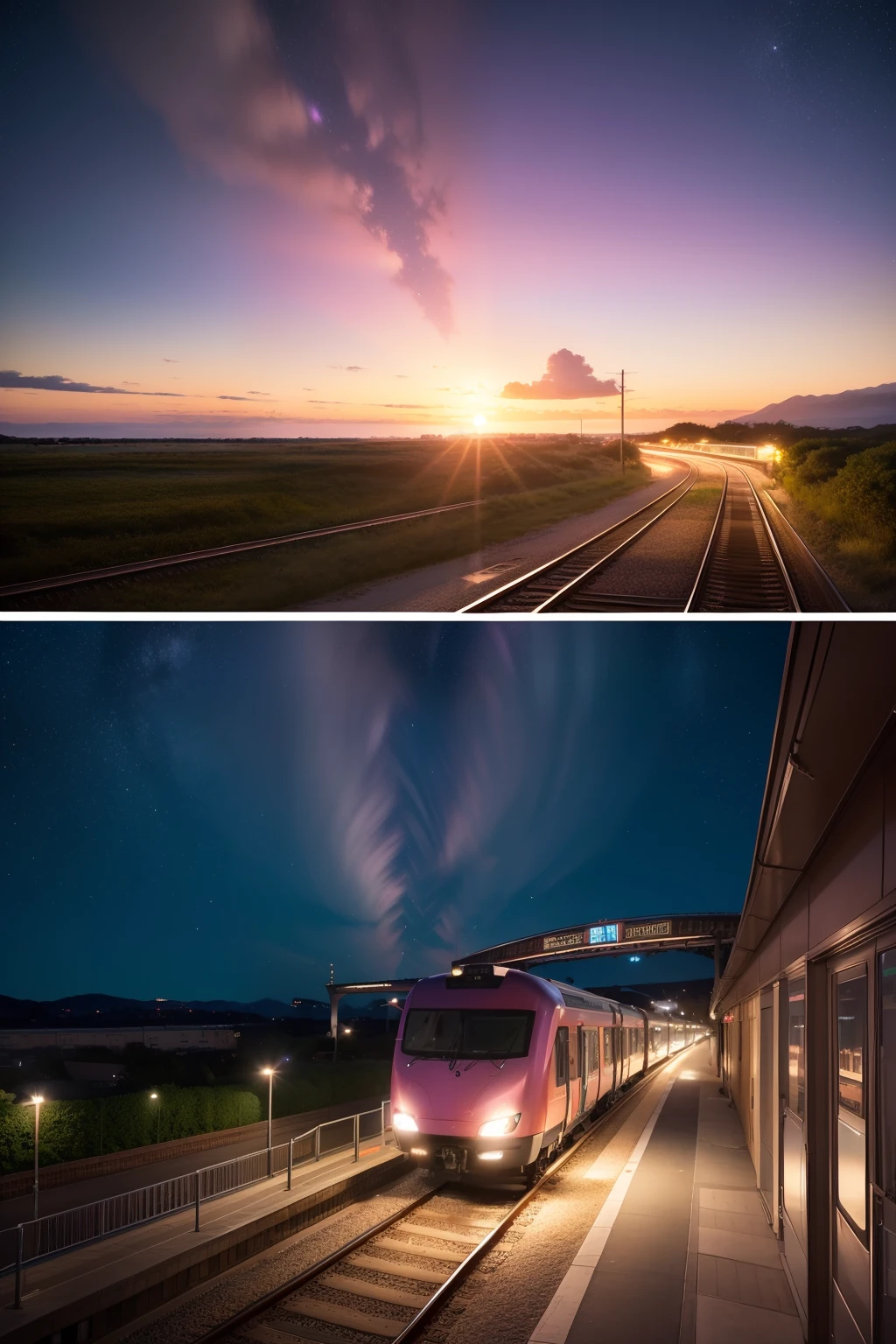 comic strip,anime big breast,Makoto Shinkai anime,Makoto Shinkai concept art animation,(Romantic pink train:1.4),railway,Brilliant starry sky,the setting sun,Sunset,lindo cenario,super-fine,tmasterpiece,8K,best qualtiy