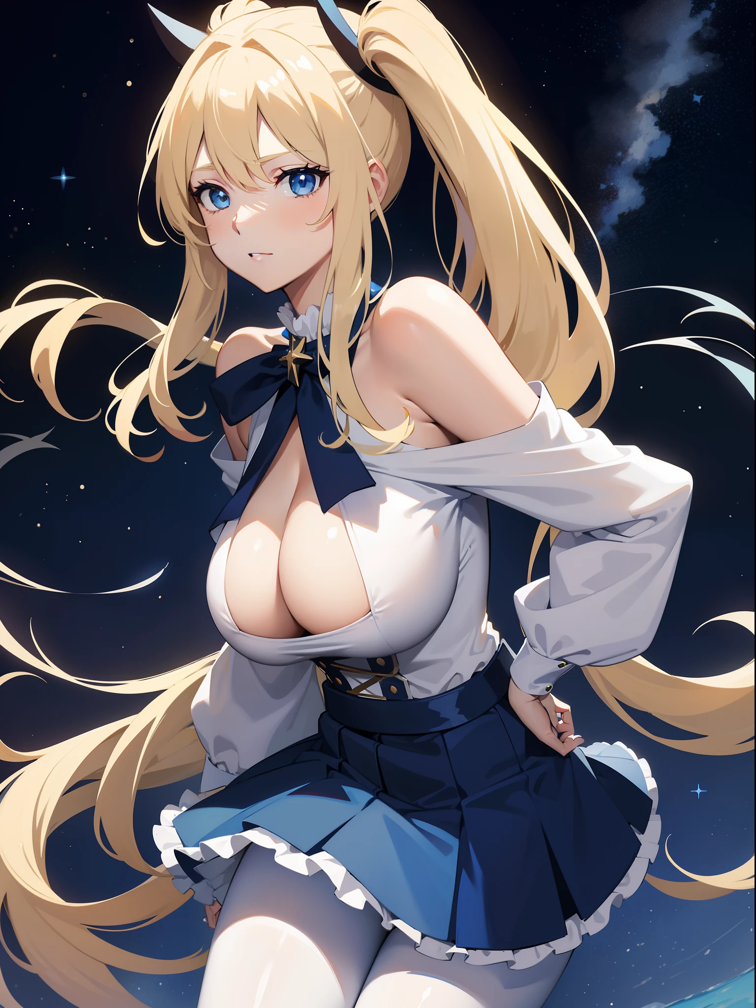 constellations zodiac,sky night star, lucy fairy tail,a very beautiful, sexy woman, big bust, with long hair, blonde side ponytail, blue eyes, wearing a low-cut blue top with a detail of a white cross, a short white skirt with blue details, black pantyhose