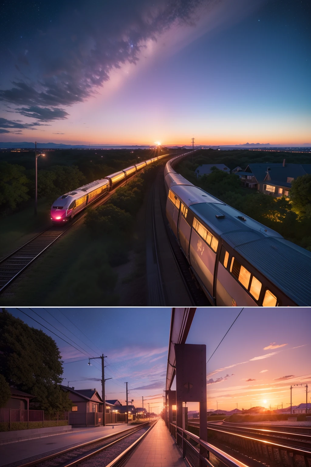 comic strip,anime big breast,Makoto Shinkai anime,Makoto Shinkai concept art animation,(Romantic pink train:1.4),railway,Brilliant starry sky,the setting sun,Sunset,lindo cenario,super-fine,tmasterpiece,8K,best qualtiy