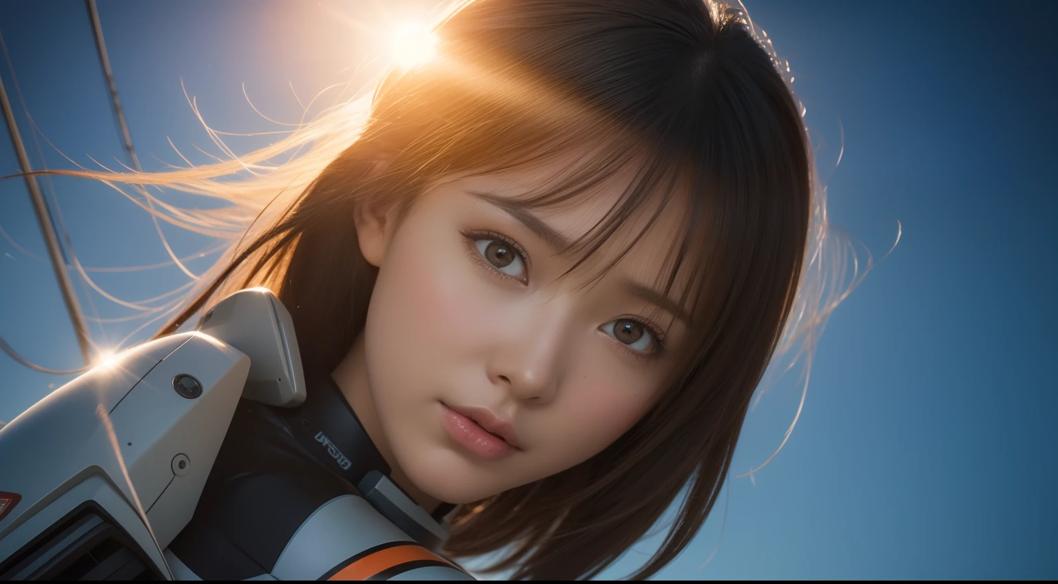 From the movie New Century Evangelion，orange theme，Best quality,Masterpiece,Realistic,professional,Vivid colors,Ultra-fine painting,Portrait,anime big breast,Photogram,number art,Fantasyart,3d graphic,Cinematic_lighting,Strong_rim_Light,rim-light,Ambient_Light,Tyndall effect,moodylighting,Huge_filesize,Real,female pervert,Mecha musume,Cyborg,Tights combat suit,Power armor，Cut clothes，Japanese_Armor,one side up,shmup,remains,rubble_废墟,(Extremely detailed Cg Unity 8K wallpaper),(((Masterpiece))),(((Best quality))),((Ultra-detailed)),(Best Illustration),((An extremely delicate and beautiful)),Dynamic Angle,Wind,classic,Spring,(Detailed light),(Sunlight),Beautiful and delicate water,(Painting),(Sketch),(full bloom),(Shine),