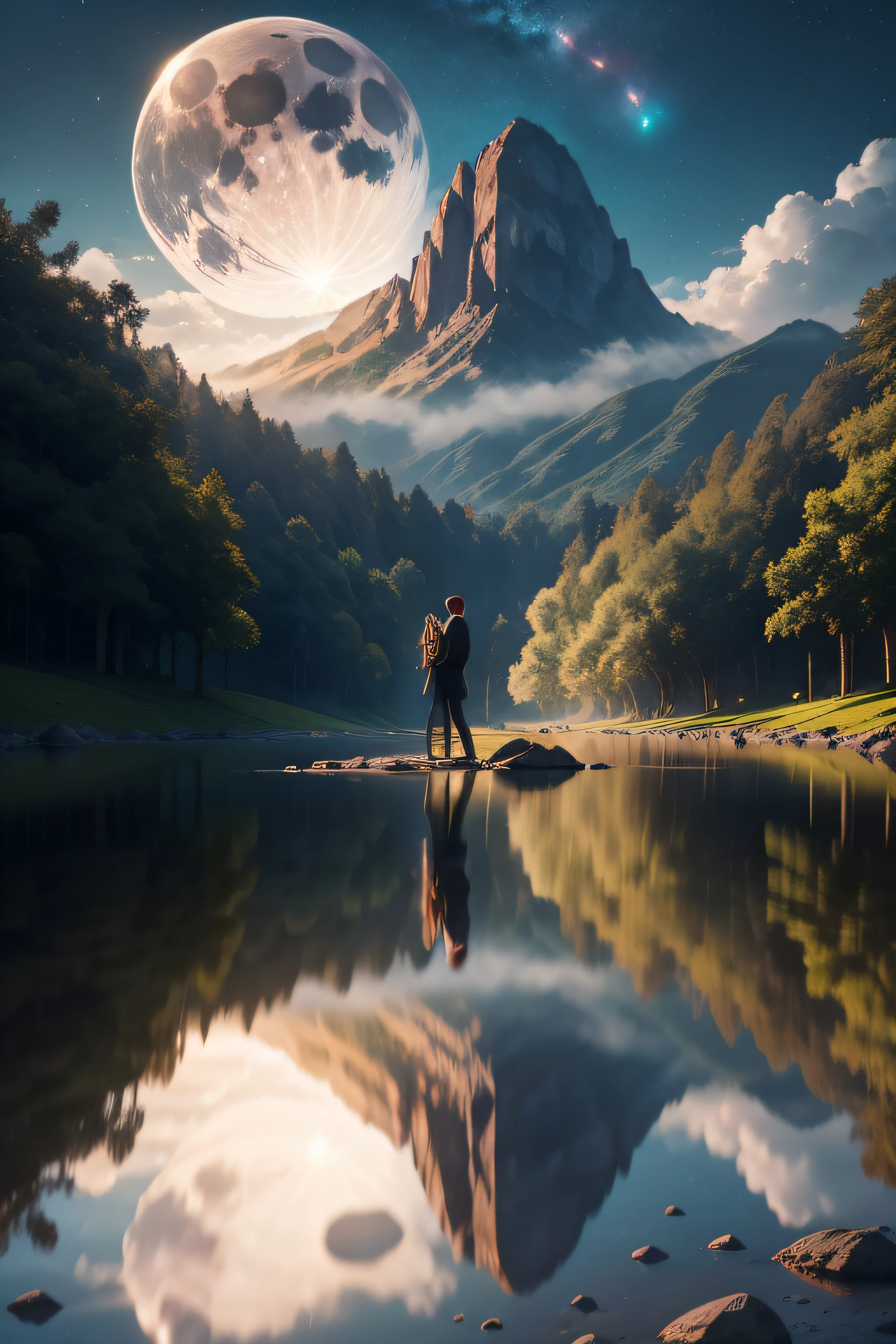 obra-prima, melhor qualidade, ultra-detalhado, illustration, 1 couple in love holding hands under the light of the big bright full moon, Ao ar livre, noite, montanhas, natureza, Estrelas, lua, olhos verdes, alegre, feliz, floresta, Pedras, rio, madeira, smoke billowing, Sombras, contraste, sky clear, constellations, milky ways, peaceful, sereno, quieto, tranquilo, remoto, isolado, aventureiro , exploration, escapar, independence, survival, desenvoltura, desafio, perseverance, resistance, resistance, observation, intuition, adaptabilidade, Criatividade, imagination, arte, inspiration, beleza, admiration, maravilha, gratitude, appreciation, relaxamento, Prazer, rejuvenescimento, mindfulness , consciousness, connectedness, harmonia, equilibrar, textura, detalhe, realismo, profundidade, perspectiva, compositing, cor, luz, sombra, reflection, refraction, tom, contraste, primeiro plano, meio termo, fundo, naturalista, figurativo, representacional, impressionista, expressionista, abstrato, inovador, experimental, only one