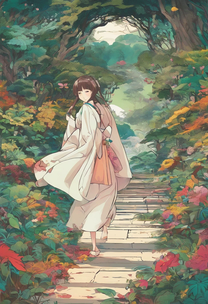 Garota correndo em uma floresta sombria