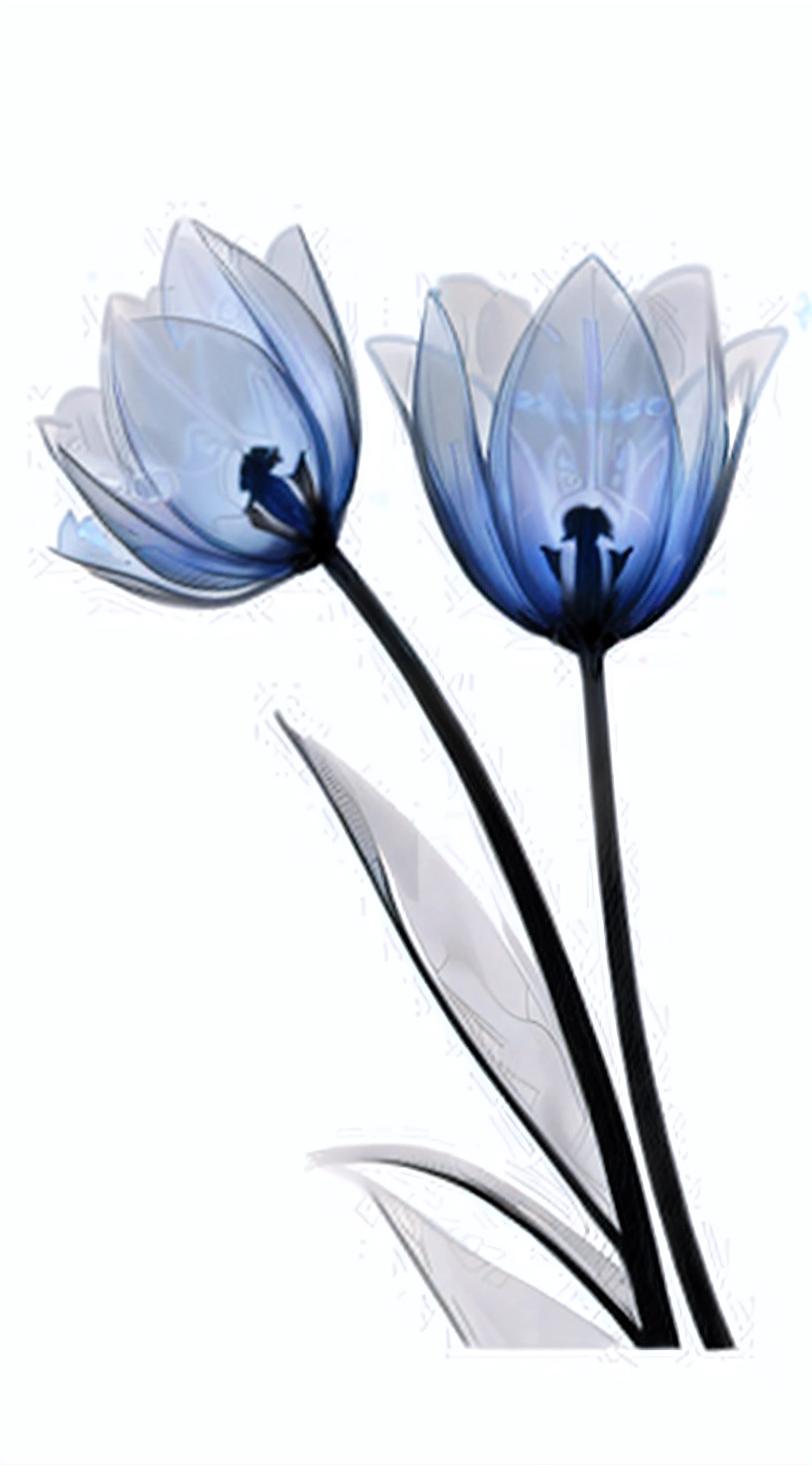 a close up of two blue flowers on a white background, xray art, x-ray photography, blue flowers, blue - petals, by Leo Leuppi, by Hans Schwarz, by Ikuo Hirayama, tulips, by Paul Davis, blue and black color scheme)), mediumslateblue flowers, tulip, blues. beautiful, beautiful”