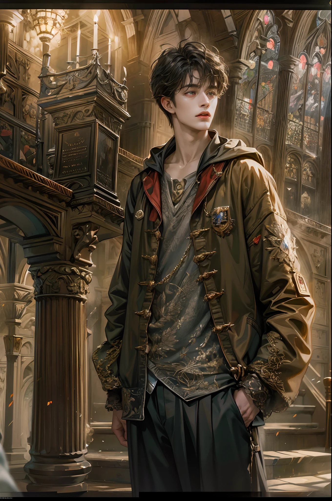 (absurdres, highres, ultra detailed, HDR), masterpiece, best quality, Harry Potter character inside hogwarts, handsome face, anime eyes, detailed interior, detailed character