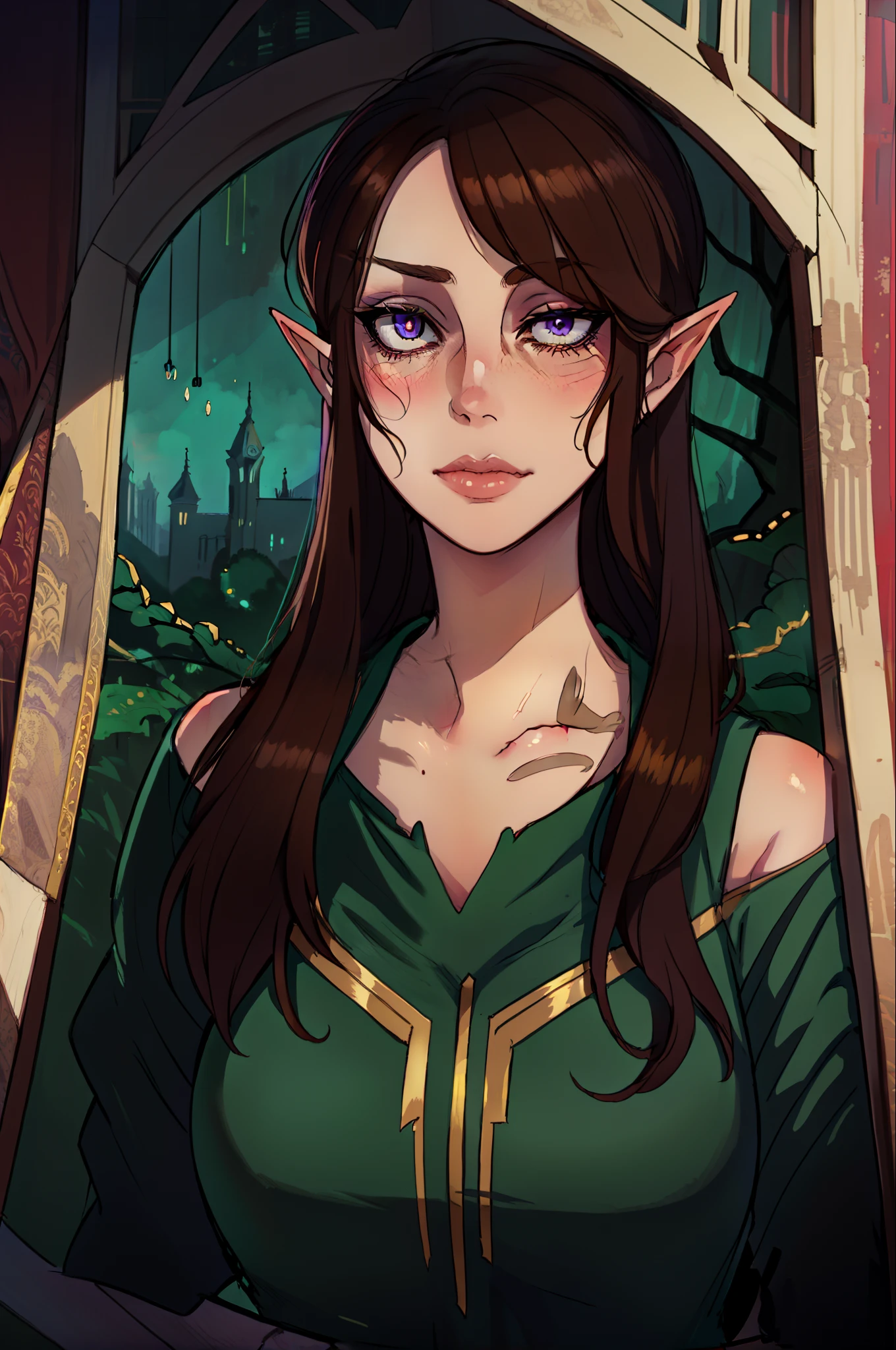 "Beautiful noble elf woman, arrogant gaze, wearing an aristocratic and conservative green dress, standing at the interior of an elfish palace decorated with elfish ornamentation and patterns, long brown hair, purple deep eyes, best quality, masterpiece, ultra-detailed, award winning art, portrait close up"